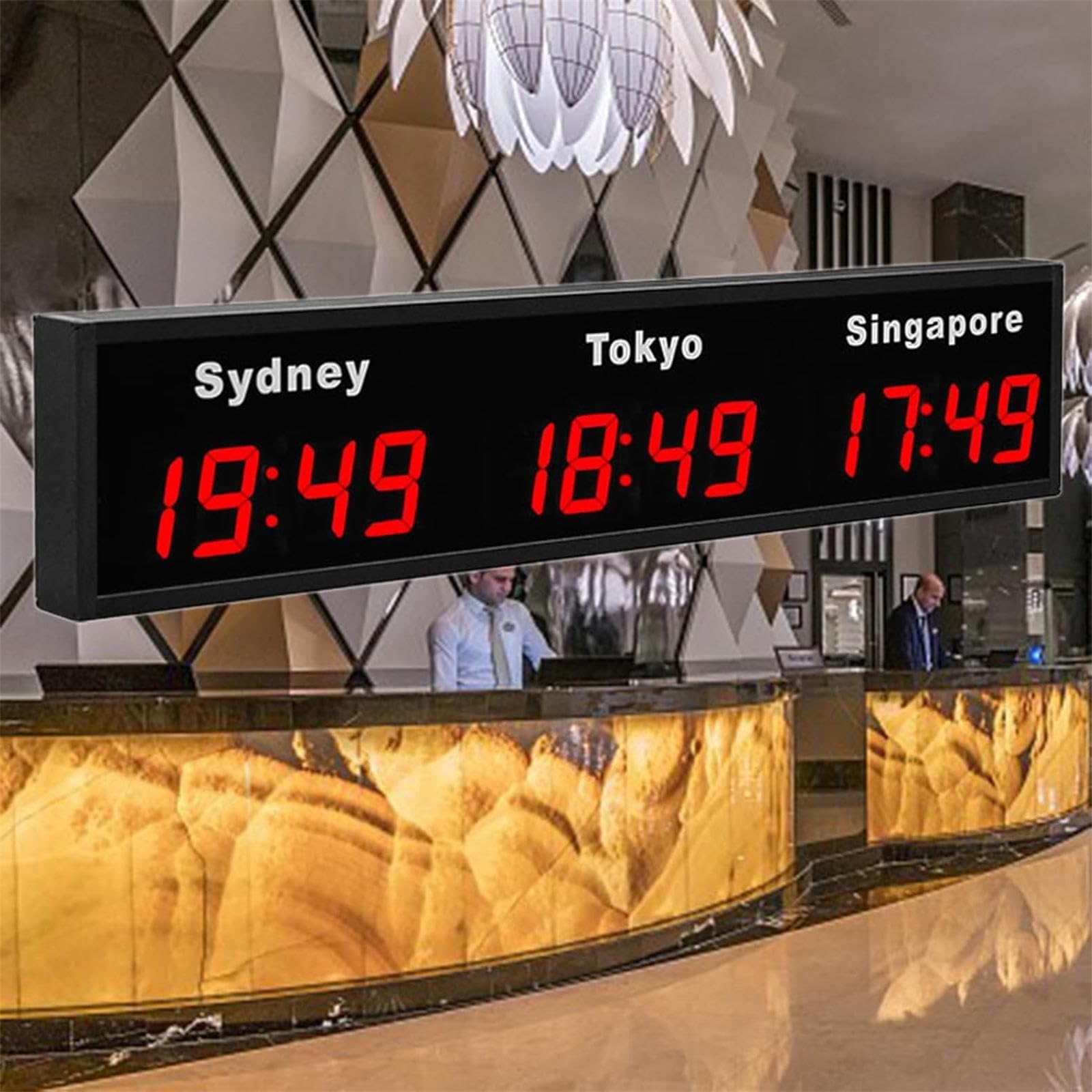 Orologio digitale con fusi orari mondiali, orologio LED multi-fuso orario con nomi modificabili della città, data e visualizzazione 12/24 ore per uffici e hotel