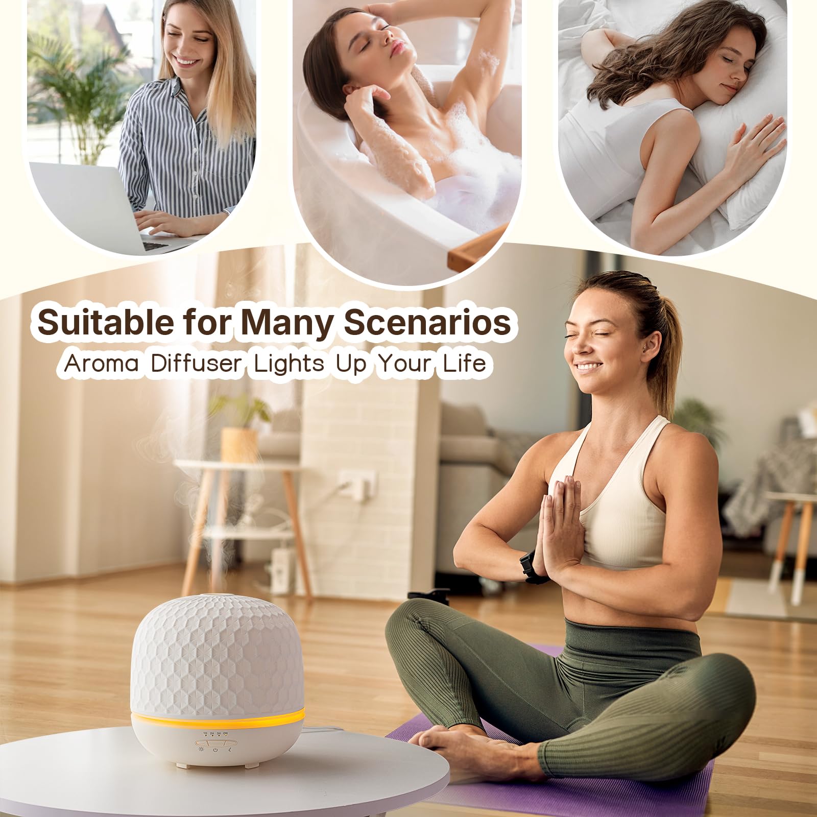 Difusor de cerámica, difusor de aceite esencial blanco de 500 ml, difusores ultrasónicos de aromaterapia para aceites esenciales, humidificador de niebla fría con temporizadores, luces nocturnas y