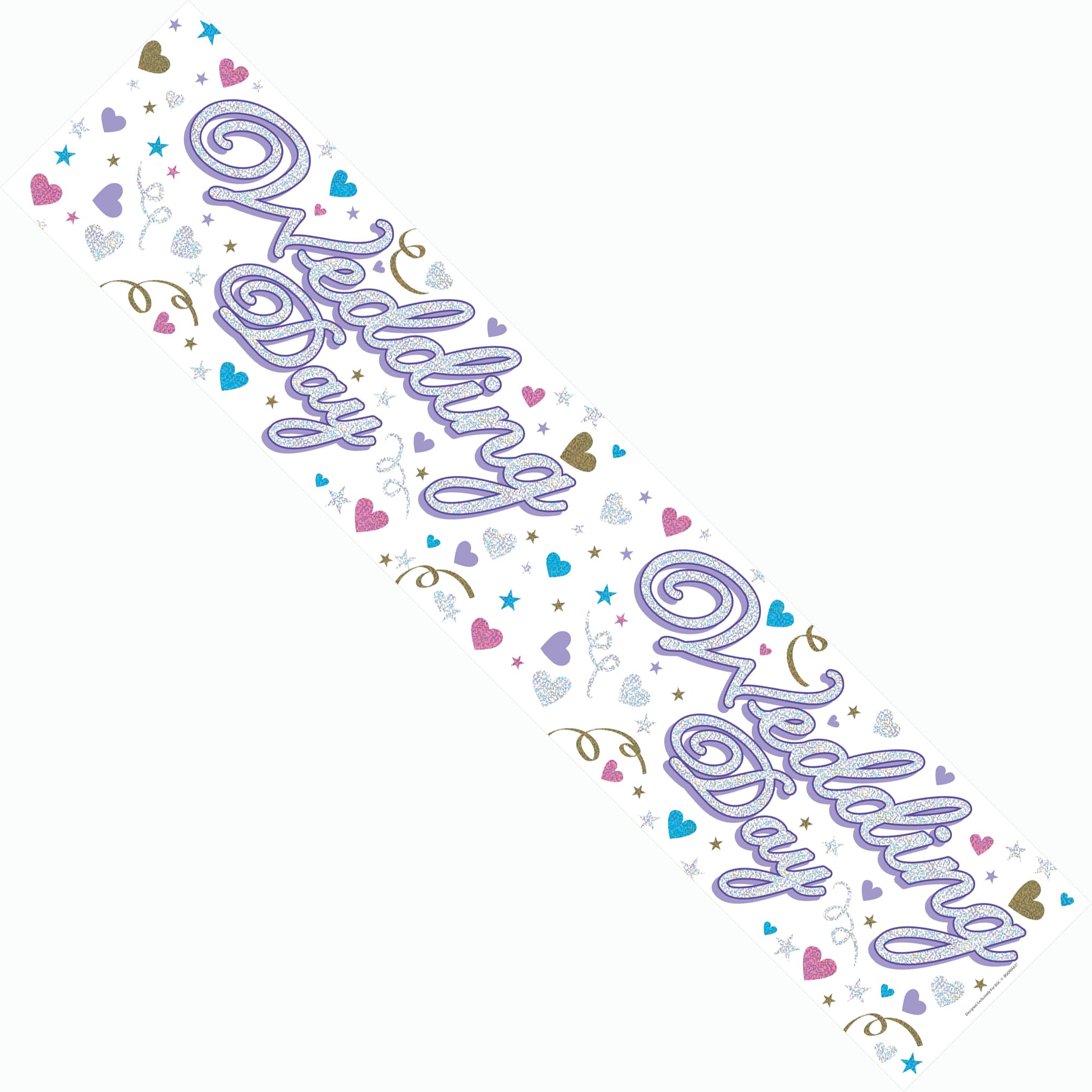 Happy Wedding Day Party Banner Giant Just Married Extra Wide Party Decoration Silver And Lilac Hearts Recyclable Eco Friendly Holographic Shiny Sparkly Party Banner