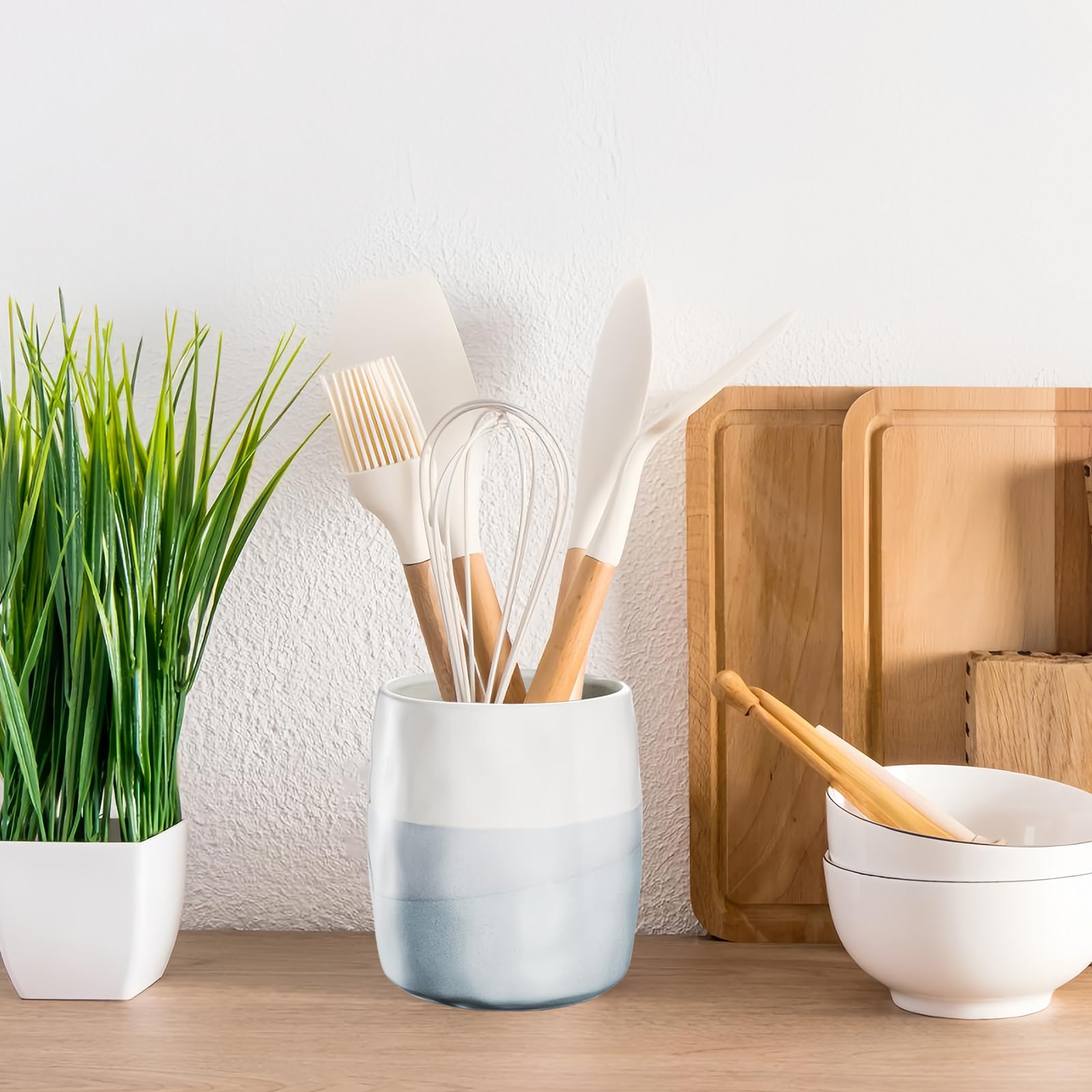 Küchenutensilienhalter Keramik Groß, 13,4 X14,5 cm Utensilienhalter Küche für Kochlöffel und Zubehör, Minimalistischer Stil Utensilienhalter Küchenutensilien Aufbewahrung für Arbeitsplatte, Weiß Küche, Haushalt & Wohnen