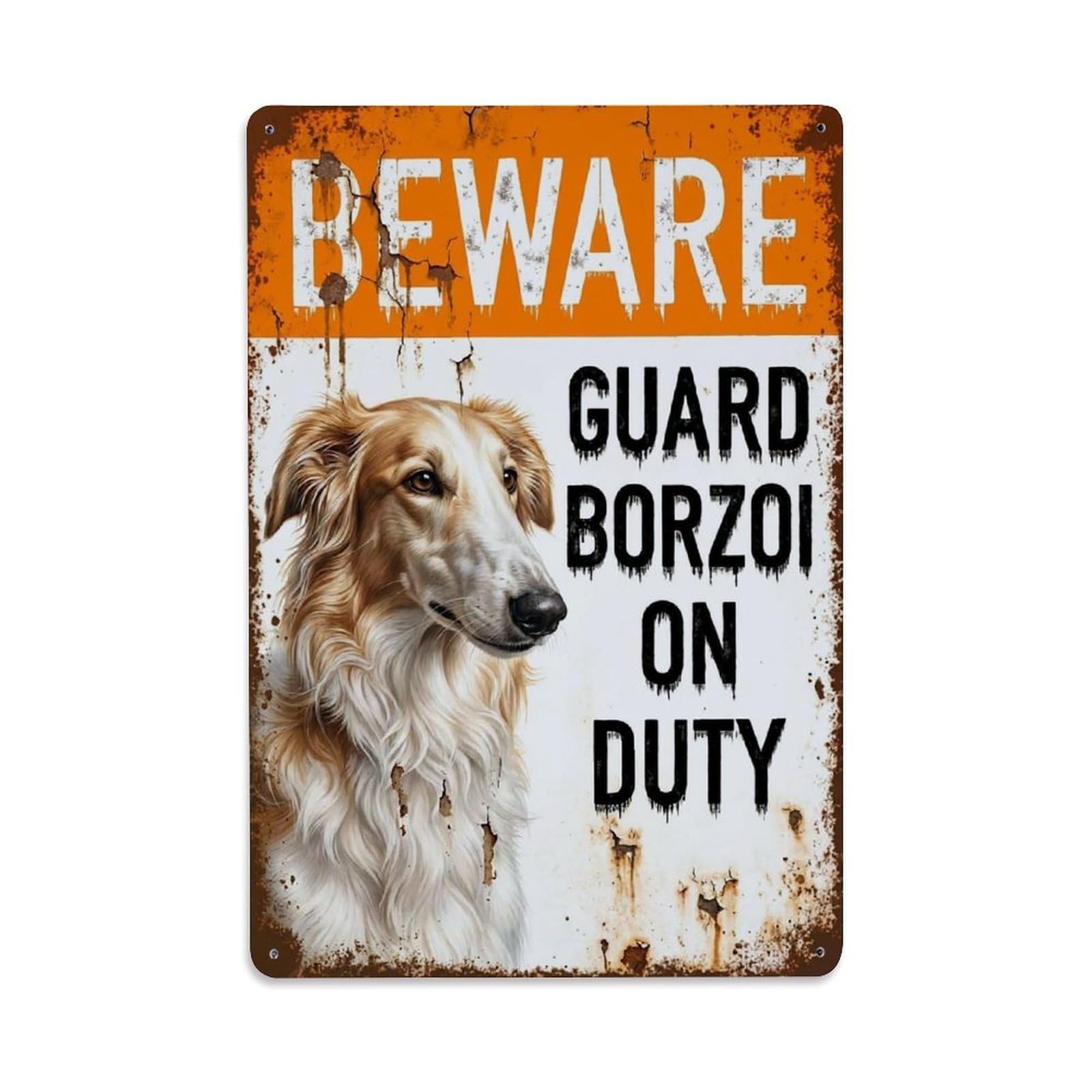 Vintage Funny Borzoi Guard Beware of Dog Patio Metal Tin Sign Plaque Wall Decor for Cafe, Club Bar, Office, Garden Metal Poster 8x12Inch