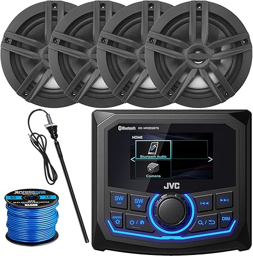 JVC Receptor AM/FM/WB con pantalla LCD de 2.7 pulgadas, 4 altavoces negros de barco de potencia máxima de 6.5 pulgadas, 180 W, antena de radio negra