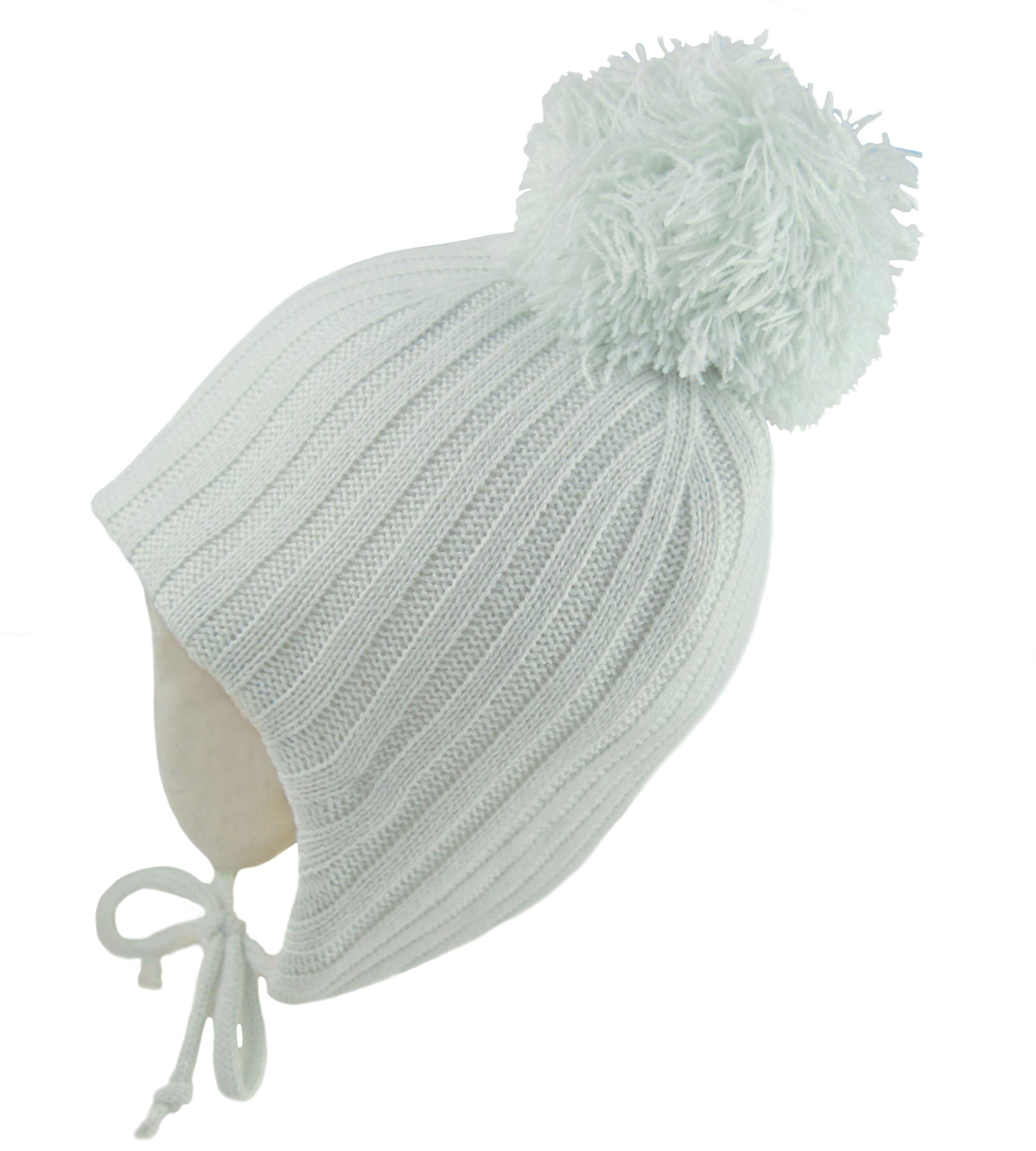 Pesci Baby Girls or Boys Pom Pom Hat with Ear Flaps and Chin Ties Beanie Bobble Hats Winter Wooly Knitted Warm Thermal Cap (Grey, 3-6 Months)