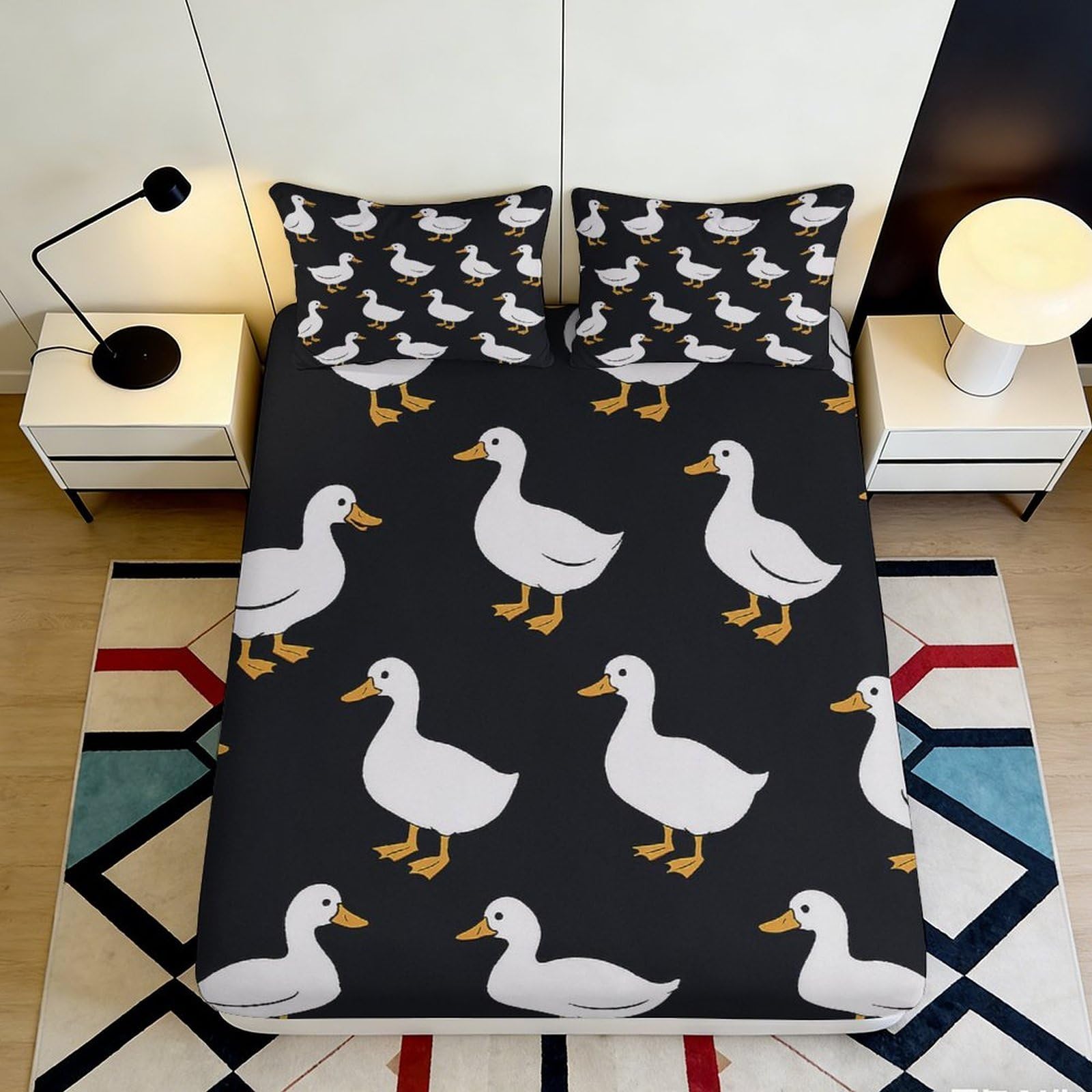 3D Printed Duck Pattern Fitted Sheet Microfiber Soft Durable 3D Printed Goose Mattress Cover for Bedroom Dormitory Guest Room Protection 140x200x25cm