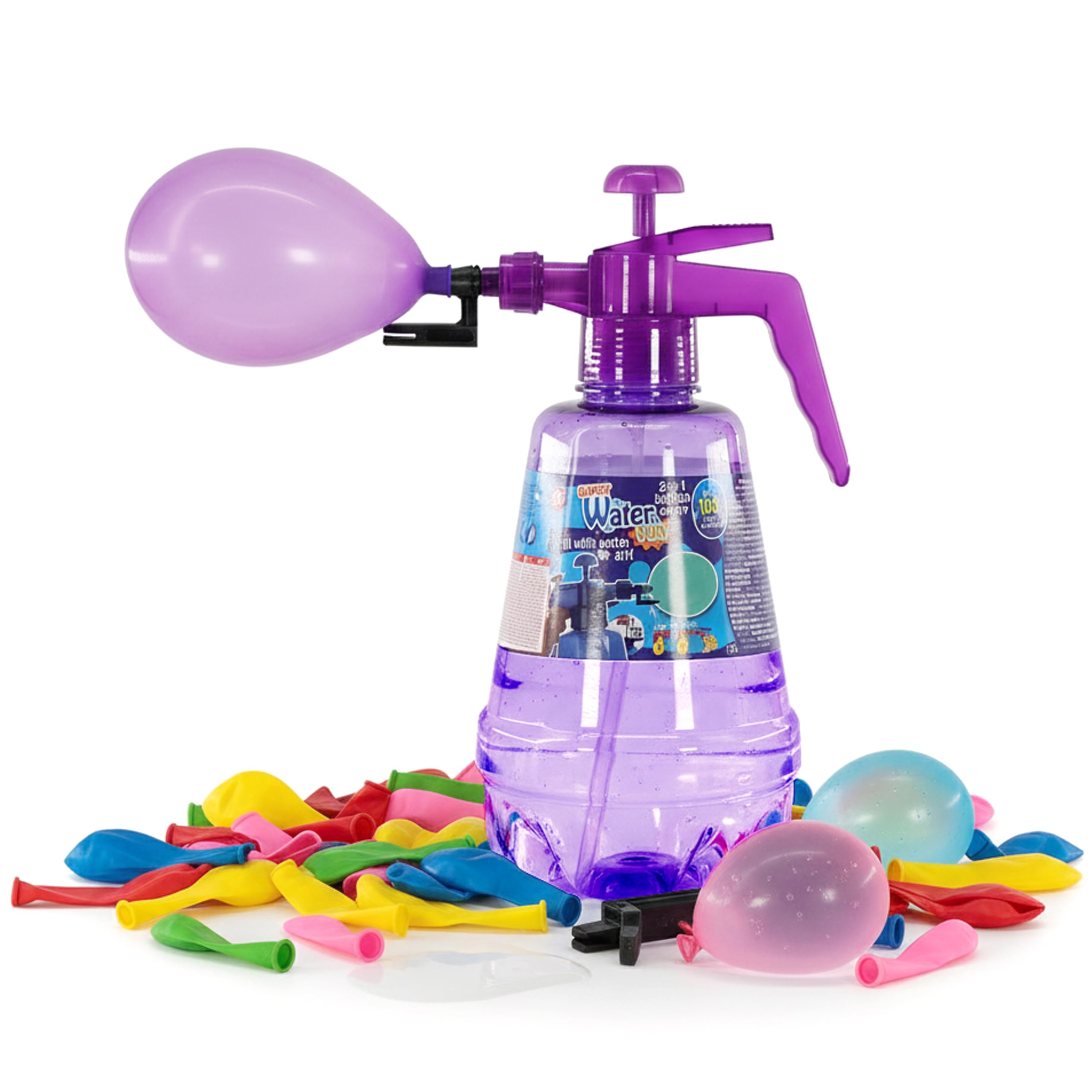 2 in 1 Air & Water Balloon Pump with Knotting Tool & 100 Balloons - 1.7L Manual Filler Bottle for Kids Garden Parties, Birthdays & Summer Water Fights, Boys & Girls