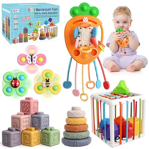Baby Toys 6 to 12 Months, Baby Blocks Montessori Toys for Babies 0-3-6-9-12 M+, 5 in 1 Sensory Bin Toys for Toddlers 1 2 3 Year Old,Christmas Birthday Baby Shower Easter Infant Toys Gifts for Boy Girl