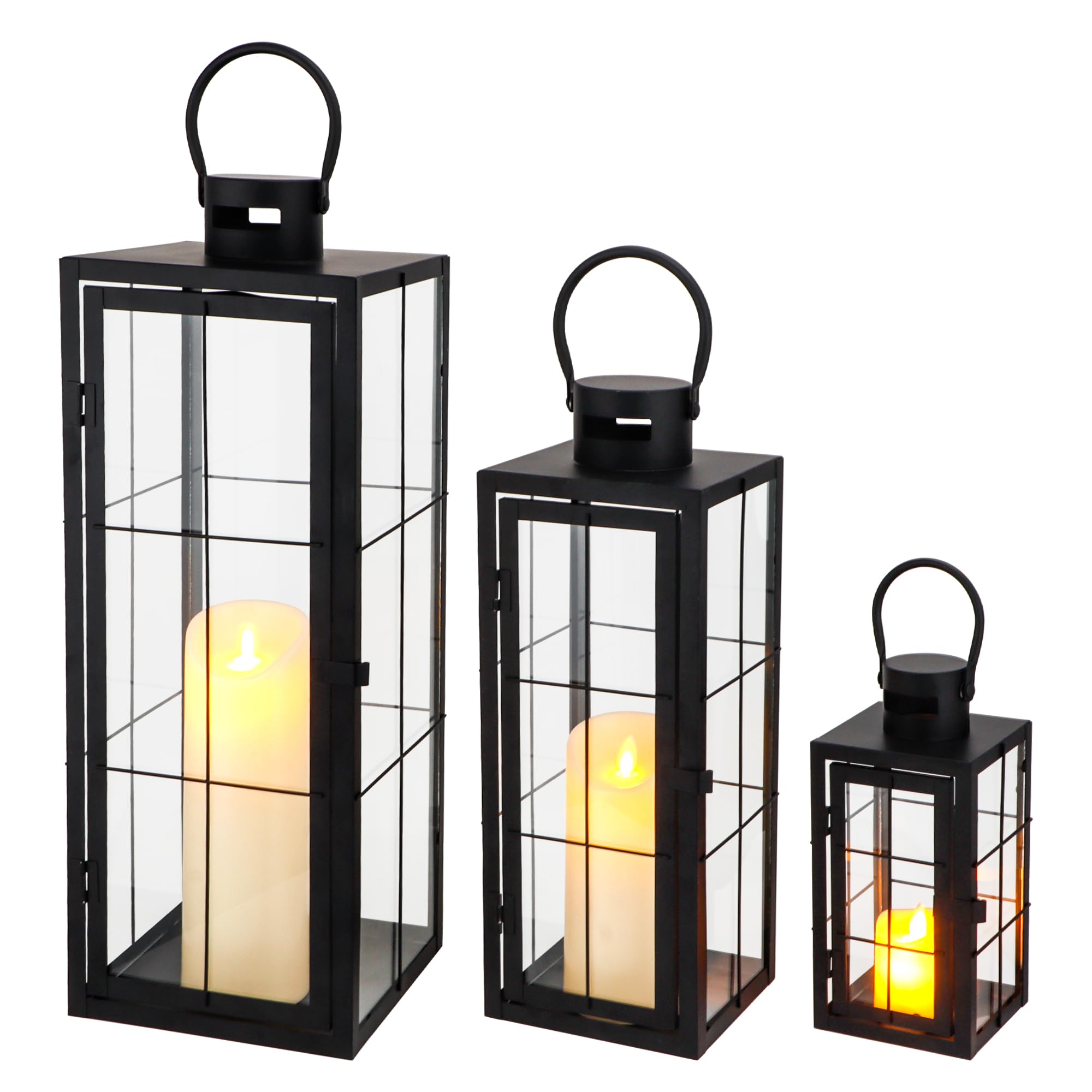 TRIROCKS Edelstahl-Laternen-Set, 3er-Set Verschiedene Größen (23/39/50 cm) Hängelaternen aus Metall mit gehärteten Glasplatten, Innen- und Außendekoration für Partys und Veranstaltungen – Schwarzes