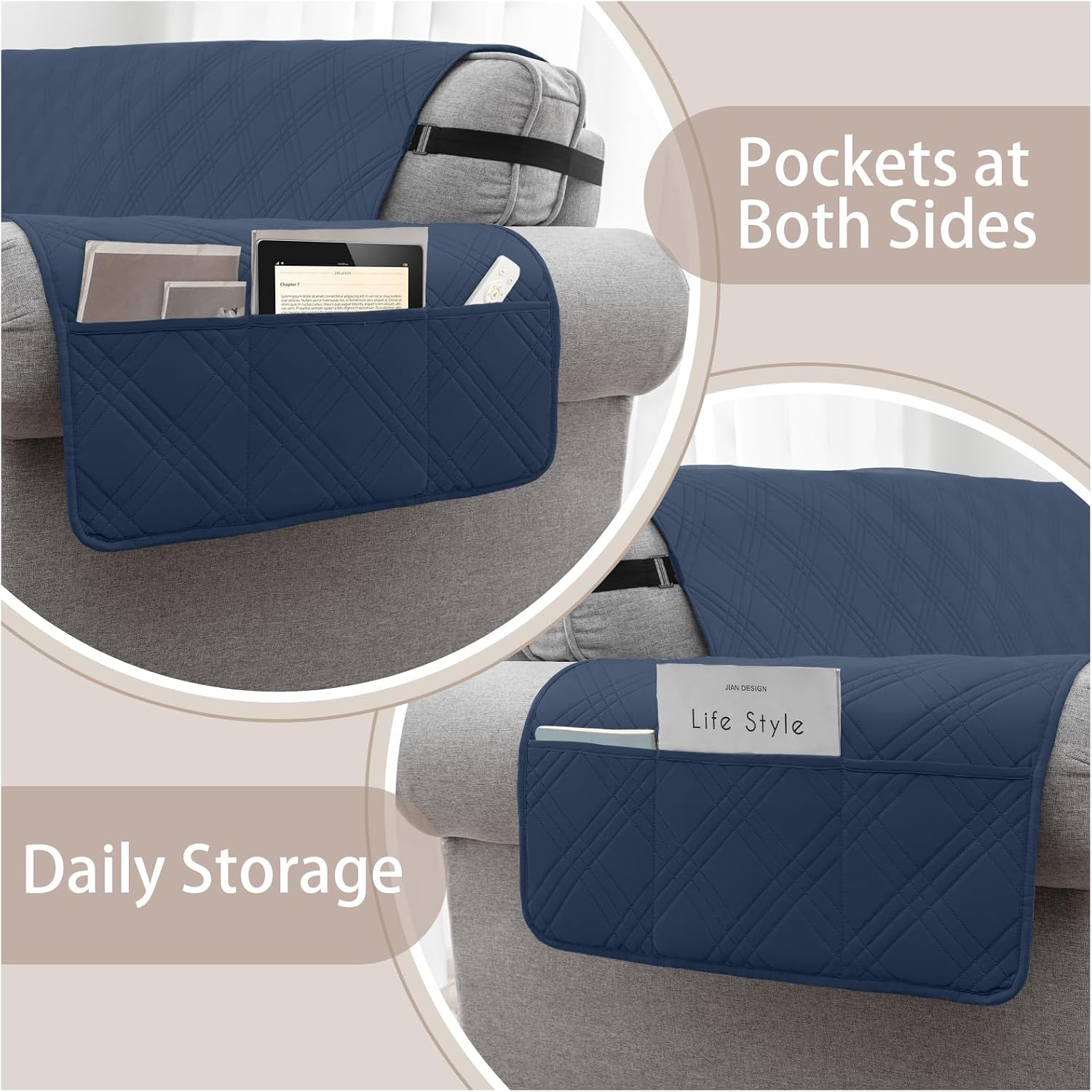 100% Waterproof Couch Cover for Dogs, Washable Anti-Slip Sofa Cover with Elastic Straps & Side Pockets, Quilted Furniture Protector for Kids & Pets (3 Cushion 68", Navyblue)