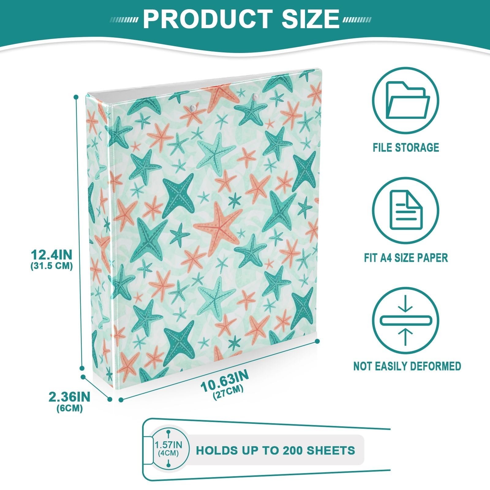 Raccoglitore a tre anelli colorato con stelle marine color foglia di tè, 3,8 cm, raccoglitori flessibili ad anelli con tasche, per scuola, università, ufficio (confezione da 2)