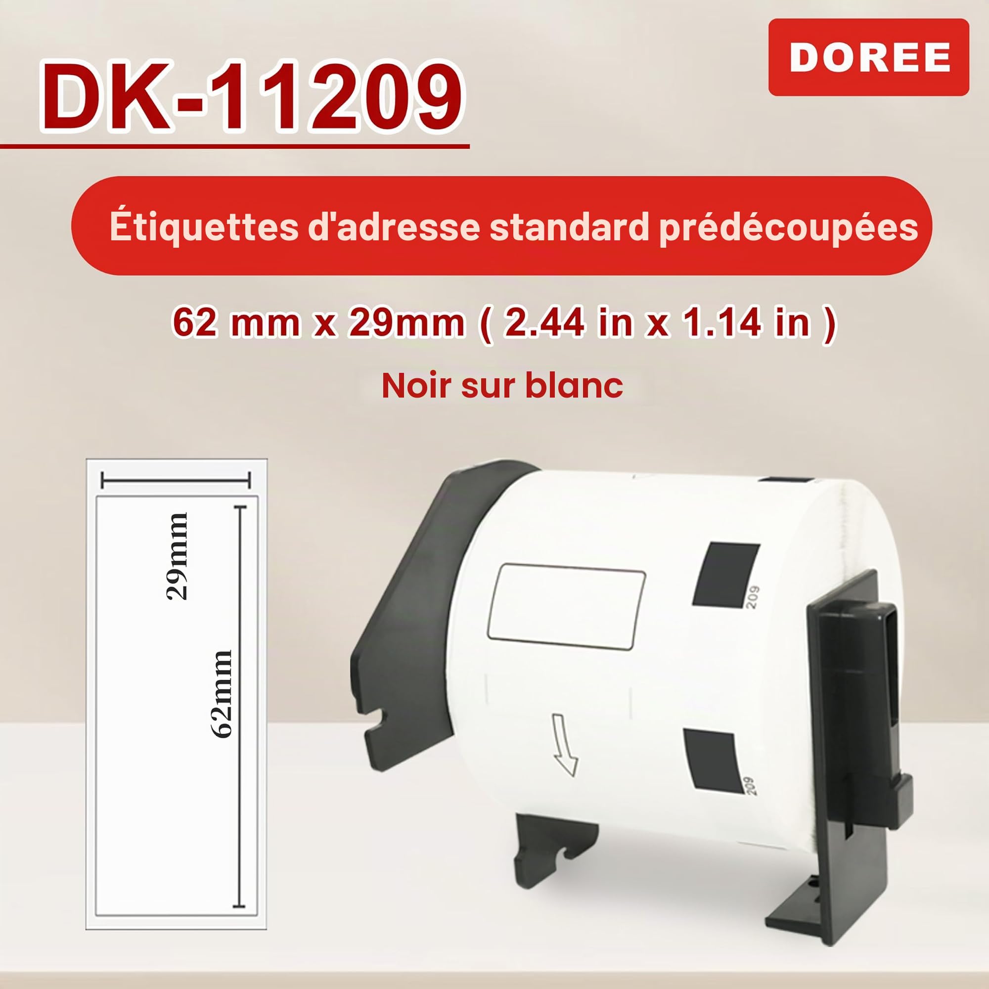 DOREE 10 Rouleaux DK11209 62x29 mm Étiquettes d'Adresse 800/Rouleau | Étiquettes d'Adresse 62mm x 29mm compatibles avec Brother DK11209, noir sur blanc, pour la série QL de Brother
