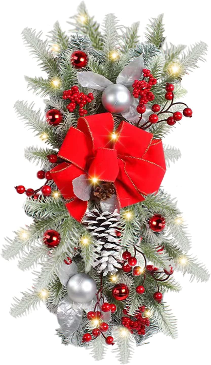 UimoKi Christmas Swags Christmas Wreaths Cordless Prelit Stairway Swag Trim for Front Door Holiday Wall Window Hanging Ornaments for Indoor Outdoor Home Christmas Decorations Door Hangers