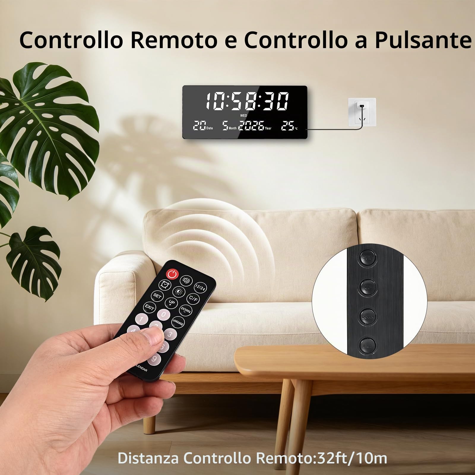 Orologio da Parete LED, 15" Grande Sveglia Digitale Telecomando | 6 Sveglie, Calendario, Temperatura, Data, Settimana, Secondi | Memoria + 3 Luminosità | Orologio da Parete e Tavolo