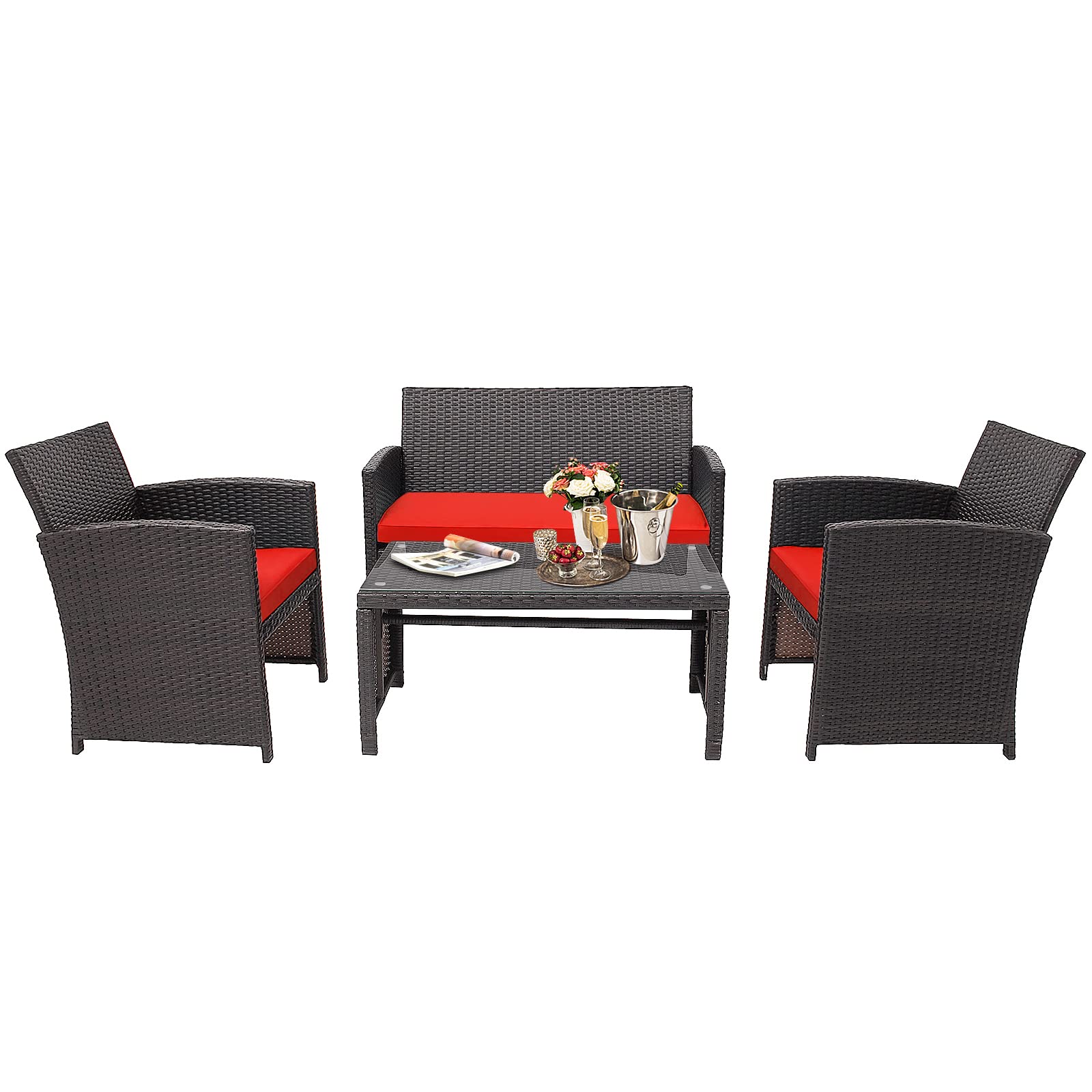 SET DA GIARDINO IN RATTAN DA 4 PEZZI CON 2 POLTRONCINE. DIVANO E TAVOLINO DA CAFFÞ. KAKI E NERO
