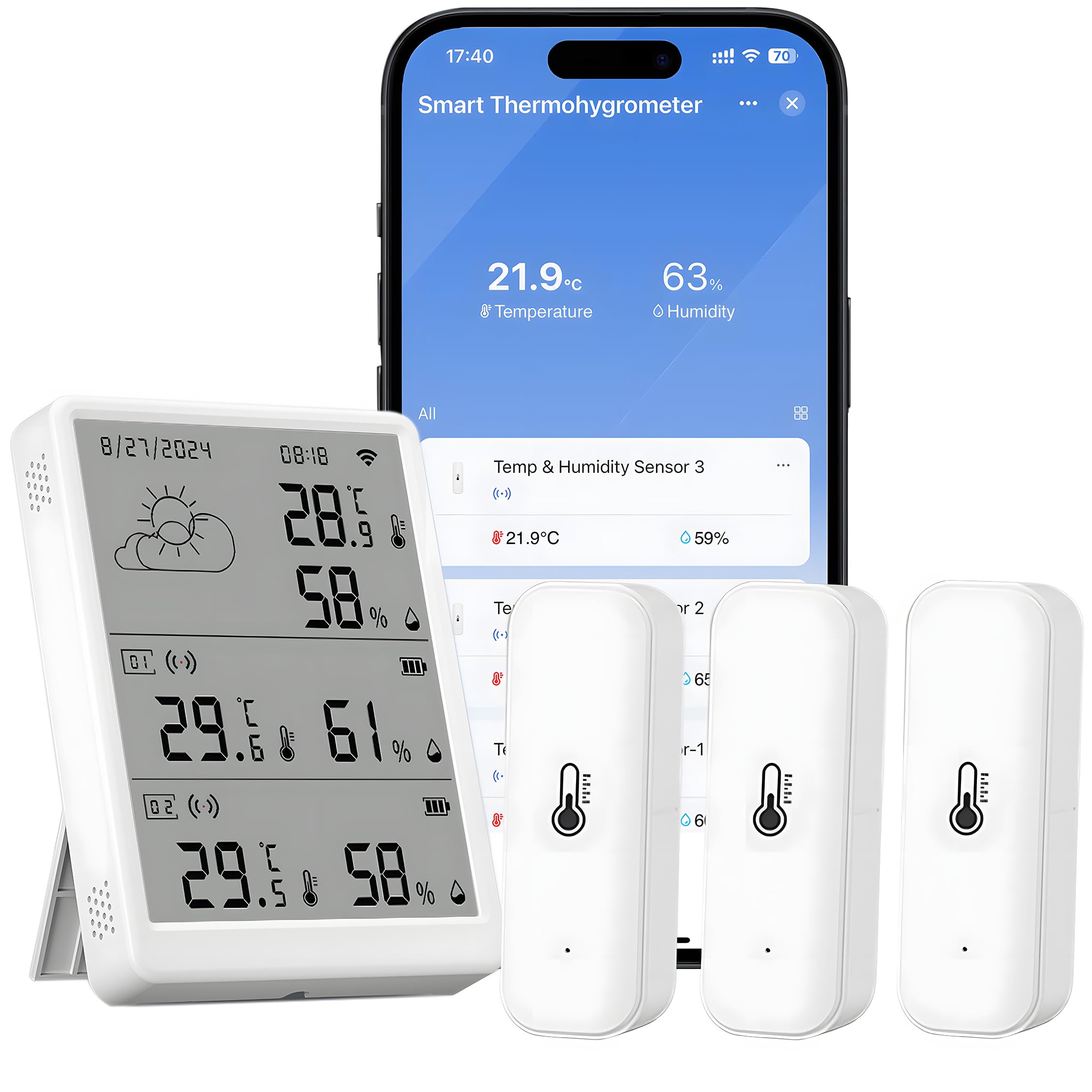 Sensore termometro, temperatura e umidità tramite app, portata 100 m, compatibile con Alexa (3 sensori + stazione base)