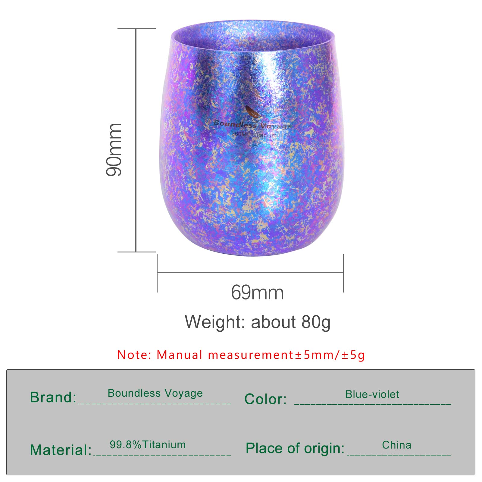 Boundless Voyage Ti3084D Tasse en titane coloré double couche anti-brûlure pour le thé, le vin, la bière, le jus de fruits Violet