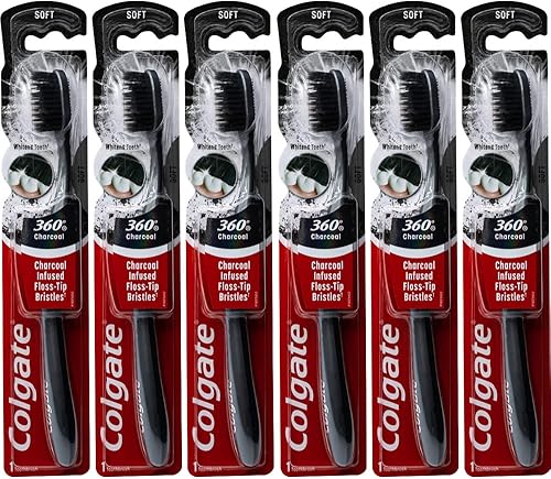 Colgate Cepillo de dientes con infusión de carbón 360, cerdas de punta de hilo dental, suave (los colores varían), paquete de 6