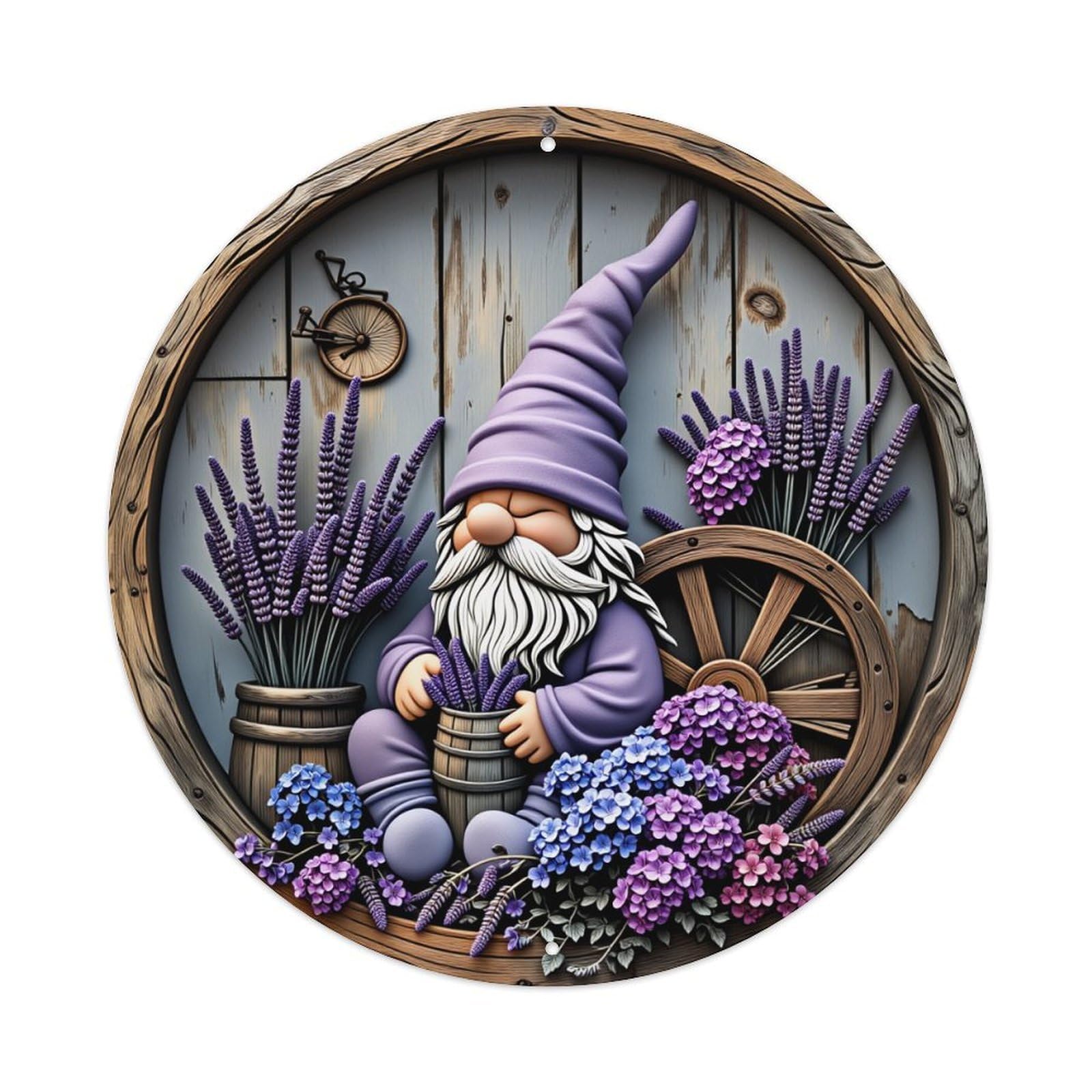 Garden Gnome Lavender Flowers Wheel Round Tin Sign Vintage Style Metal Sign Home Bar Garden Wall Plaque Decor Metal Poster 8x8 Inch