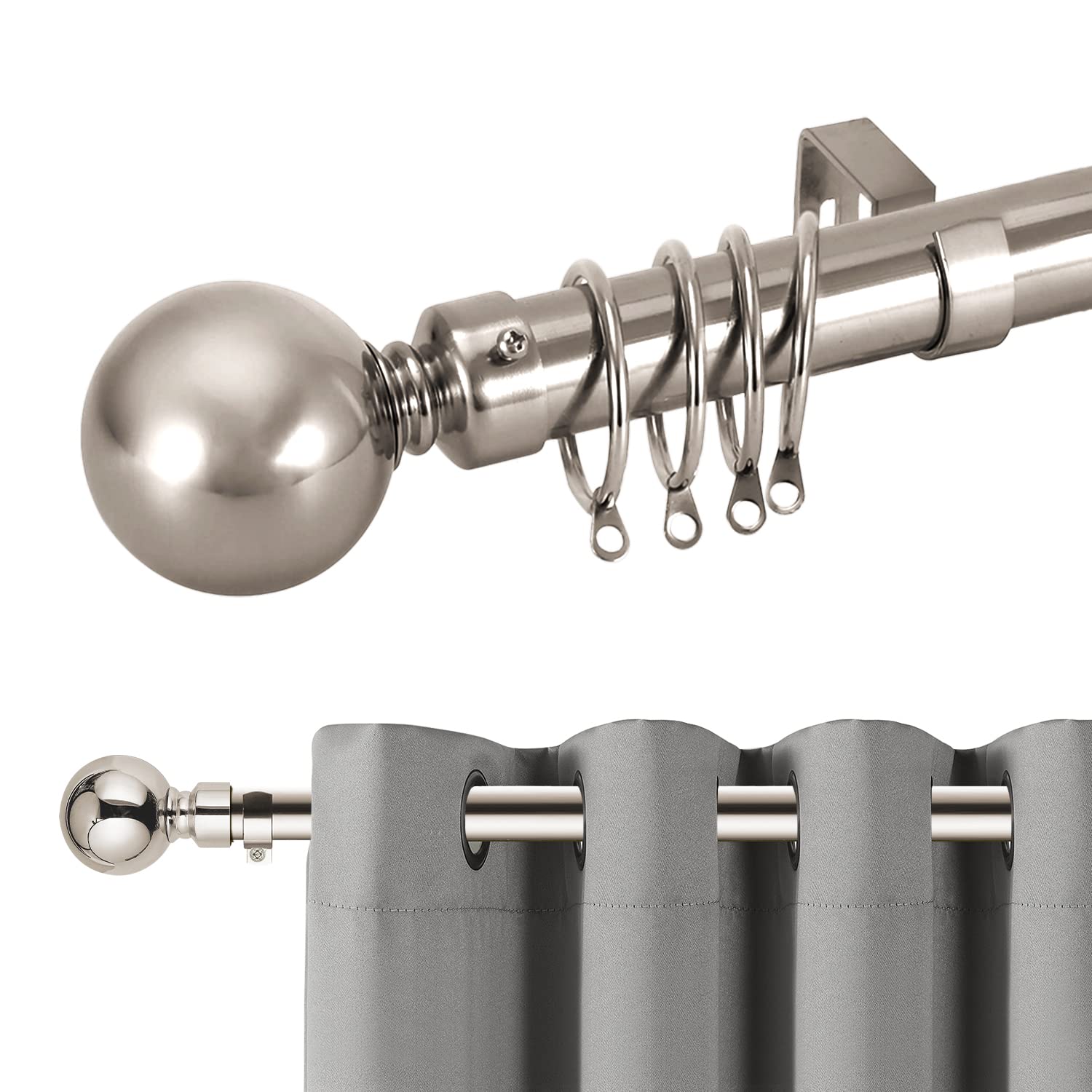 Hafaa Curtain Poles Plain Metal Ball Adjustable Decorative Window Curtain Pole Includes 70 to 120 cm Extendable Curtain Rod, 60mm Size Classic Finials, Rings, Brackets & Fittings Set, Brushed Silver — image 1