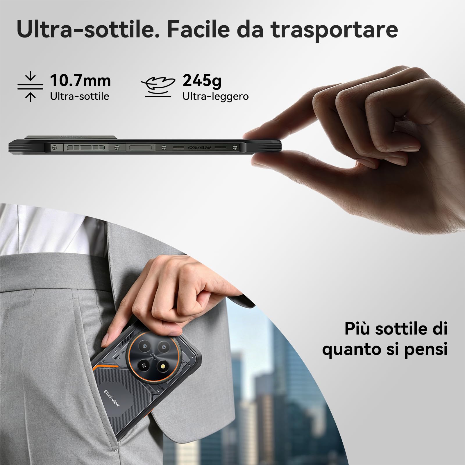 Blackview Rugged Smartphone Android 16, Ultra Sottile 10.7 mm, 24(8+16) GB+128GB/2TB Telefono Indistruttibile, Gemini AI, Display 6,56" HD+, IP69K Impermeabile, 16MP+13MP, 4G/NFC/OTG/3 Anni Garanzia