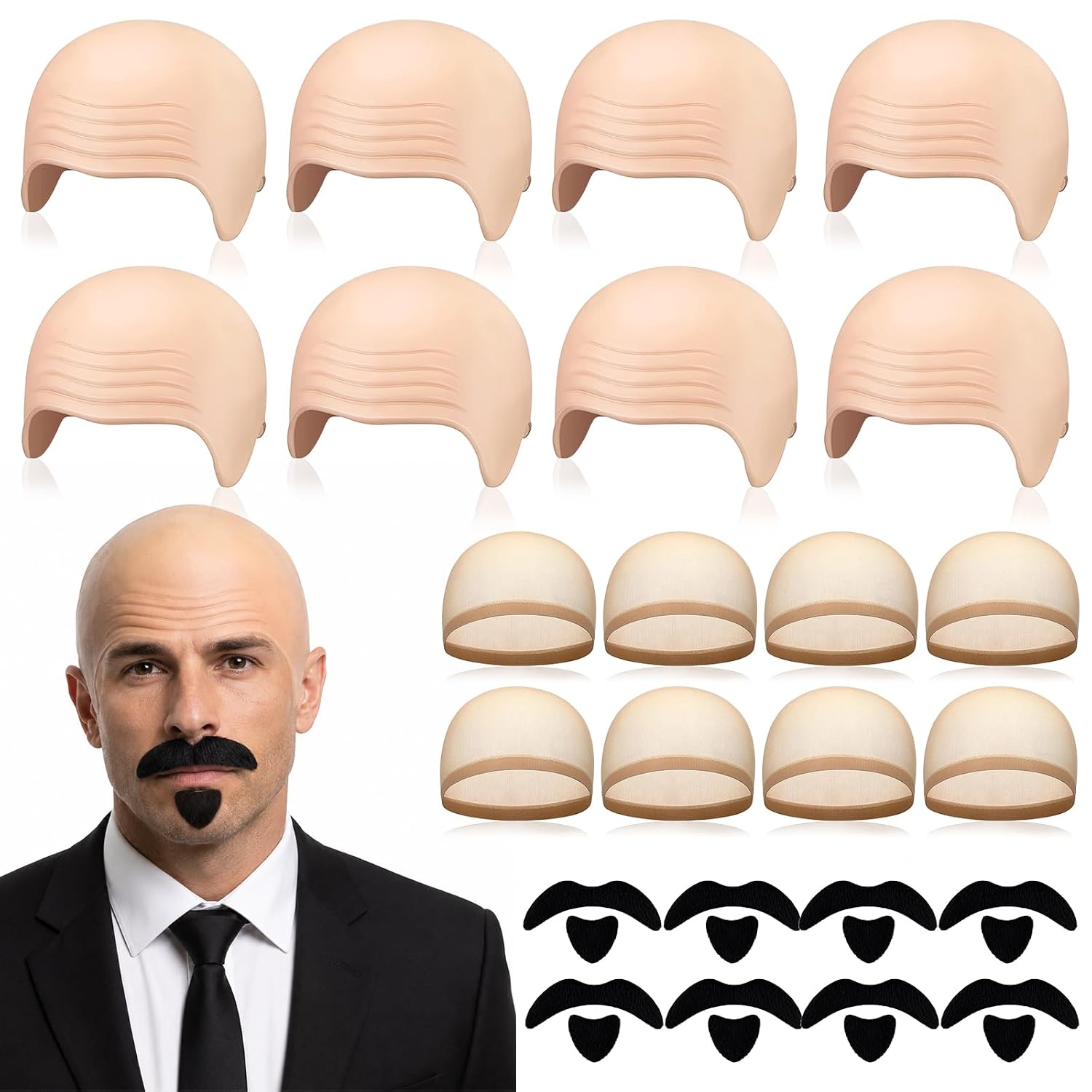 Huaerle 24 Pcs Bald Cap with Mustache Bald Wig Cap Halloween Party Costume Accessories for Men Women Adults