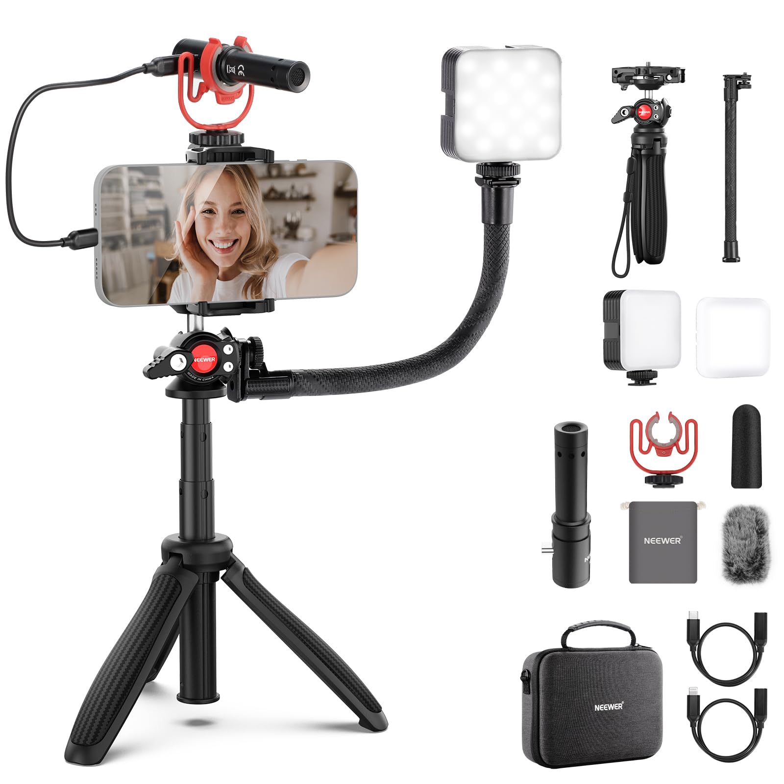 NEEWER Phone Vlogging Kit, Content Creator Essentials Kit for YouTube with LED Light, Selfie Stick Travel Tripod, Flexible Soft Tube, USB C Cardioid