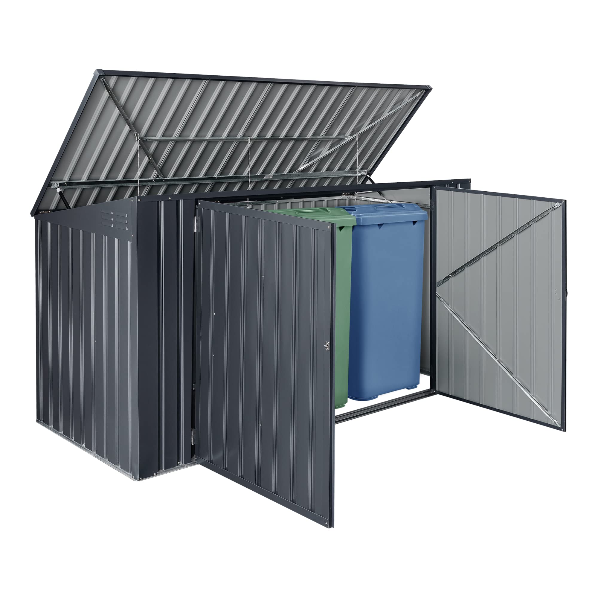 Cache Poubelle Verrouillable Abri de Jardin Polyvalent pour Outils d'Extérieur pour 3 Poubelles de 240 L Acier Galvanisé à Chaud 237 x 101 cm Gris Foncé