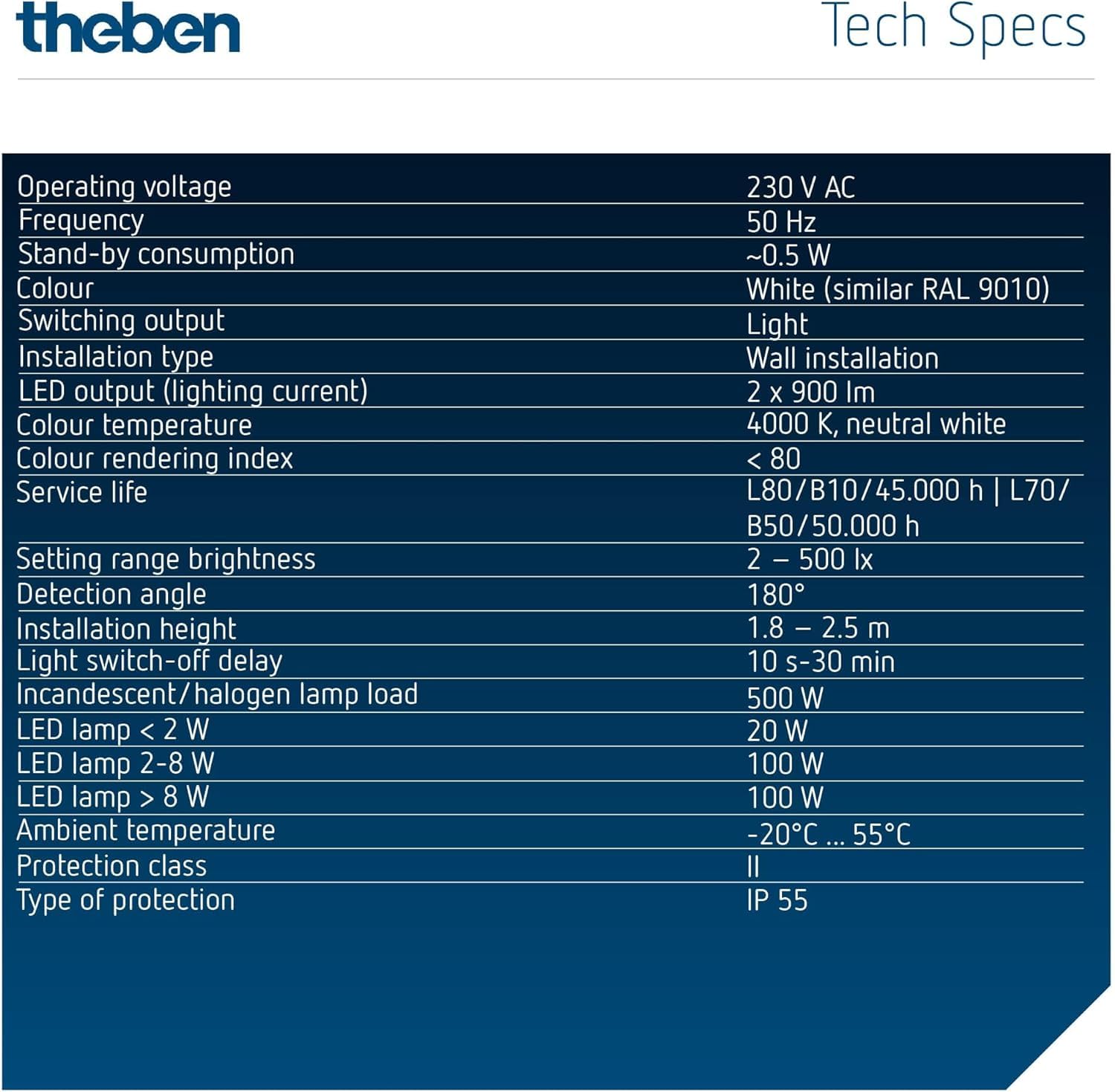 Theben theLeda S17-100 WH Projecteur LED 17W 4000K 180° 10m Blanc Détecteur de Mouvement Intégré
