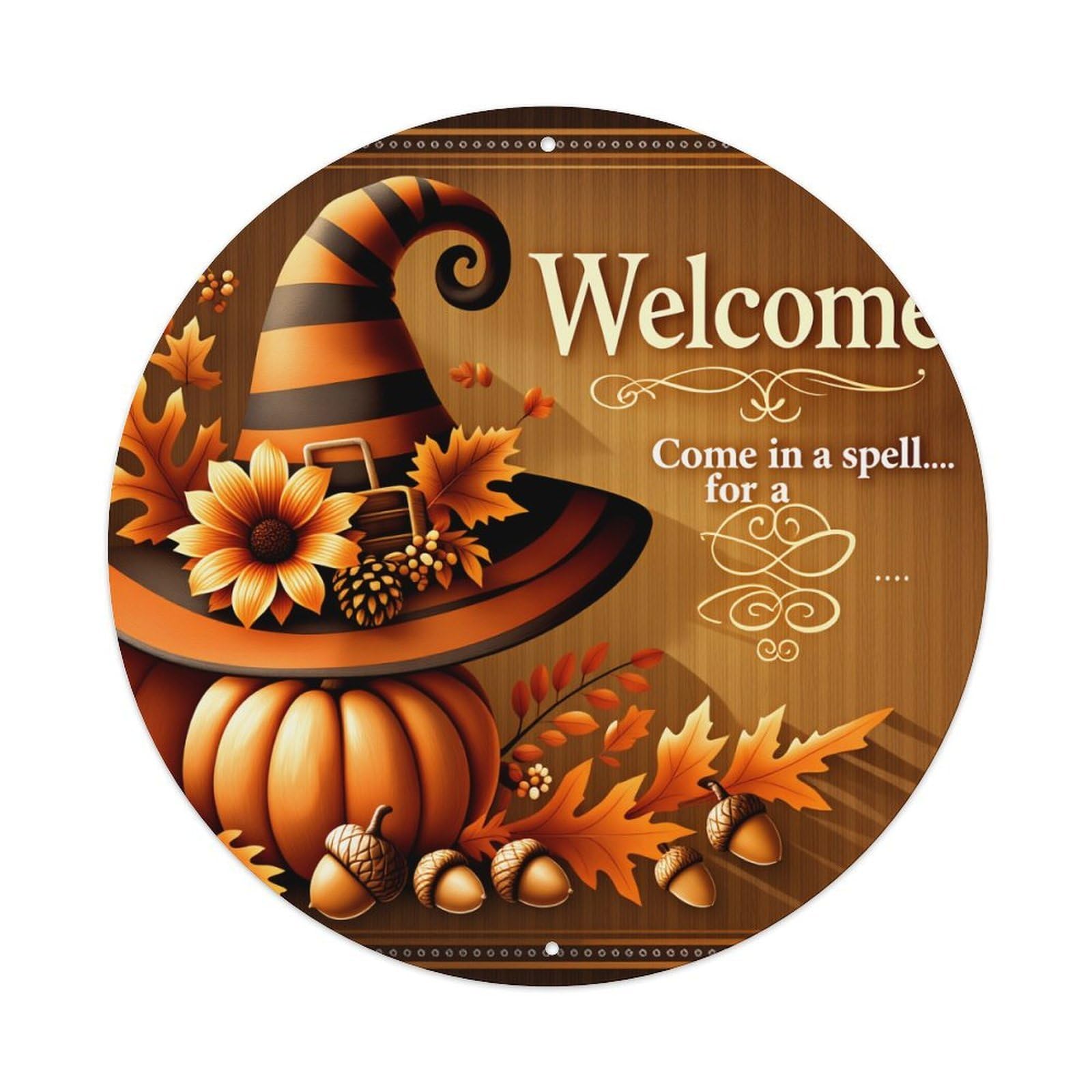 Witch Hat Pumpkin Leaves Acorns Round Tin Sign Vintage Metal Poster Retro Bar, Home, Man Cave, Kitchen, Laundry Room Wall Art Decor Gift 8x8Inch