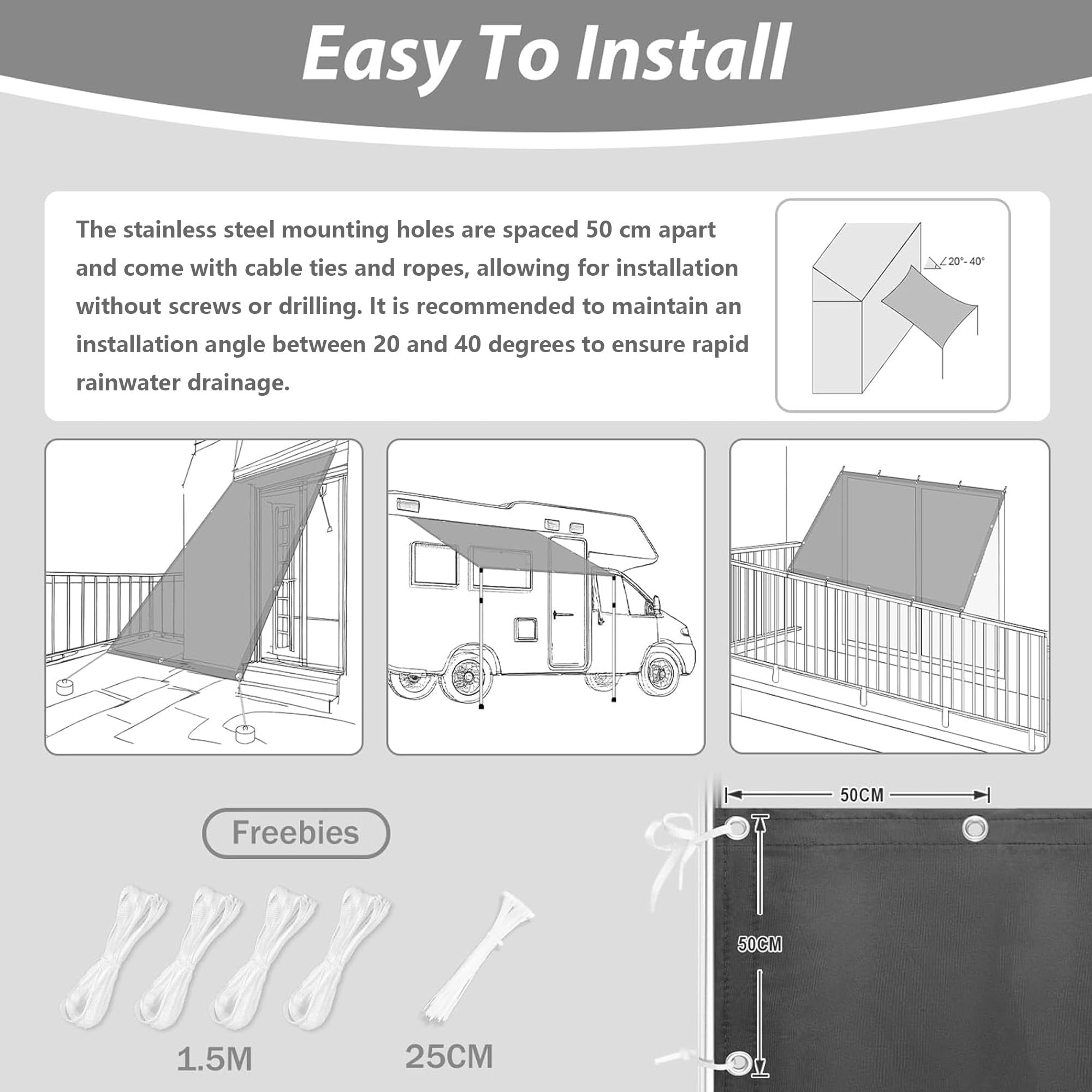 Sonnenschutz Balkon Ohne Bohren 4x5.5M Sonnensegel Markisenstoffe Meterware, Beschattungsnetz inkl Befestigungsseile, UV-Schutz, Wetterfest für Garten Terrasse Balkon 5.5x4 Sandgelb