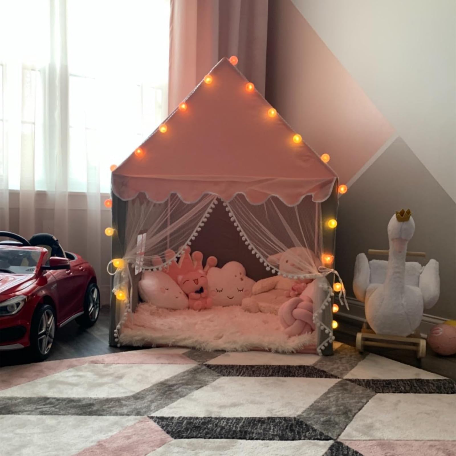 Tenda per Bambini Cameretta, Tenda Gioco Bambina Capanna per Ragazza da Interno, Casetta per Figliola‌ per Regalo di Natale (Rosa & Grigio,100×120×130cm)