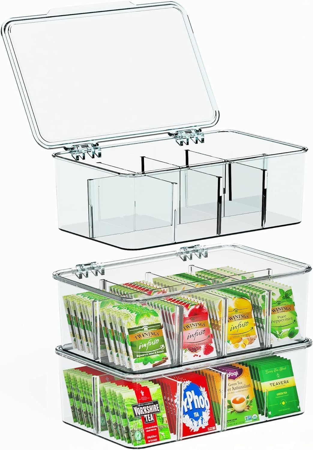 Elegant Stackable Tea Organizer - 8 Compartment BPA-Free Plastic Holder, 6-Pack