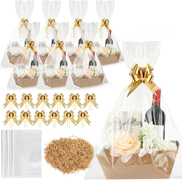 Fulmoon 20 Pcs Gift Baskets Kit with 20 Bows, 20 Bags & Raffia for Birthday, Wedding, Christmas, Valentines (Brown, Gold)