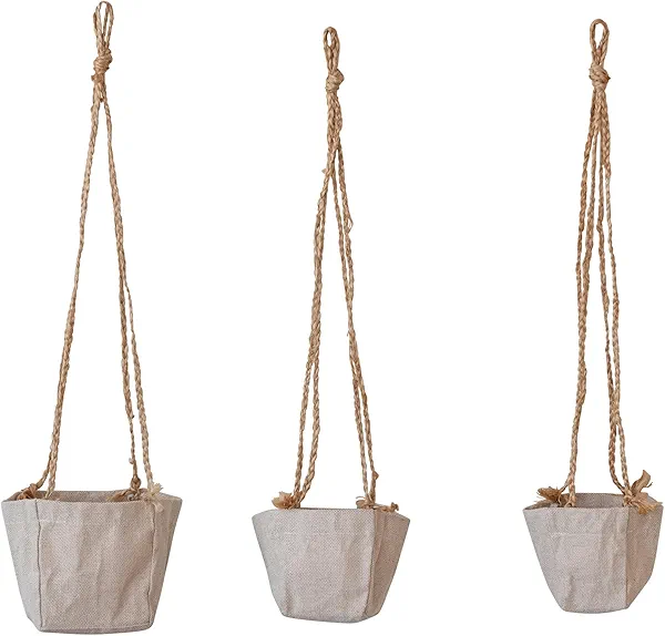 Creative Co-Op Round Jute and Cotton Hanging Planters, Natural, Set of 3
