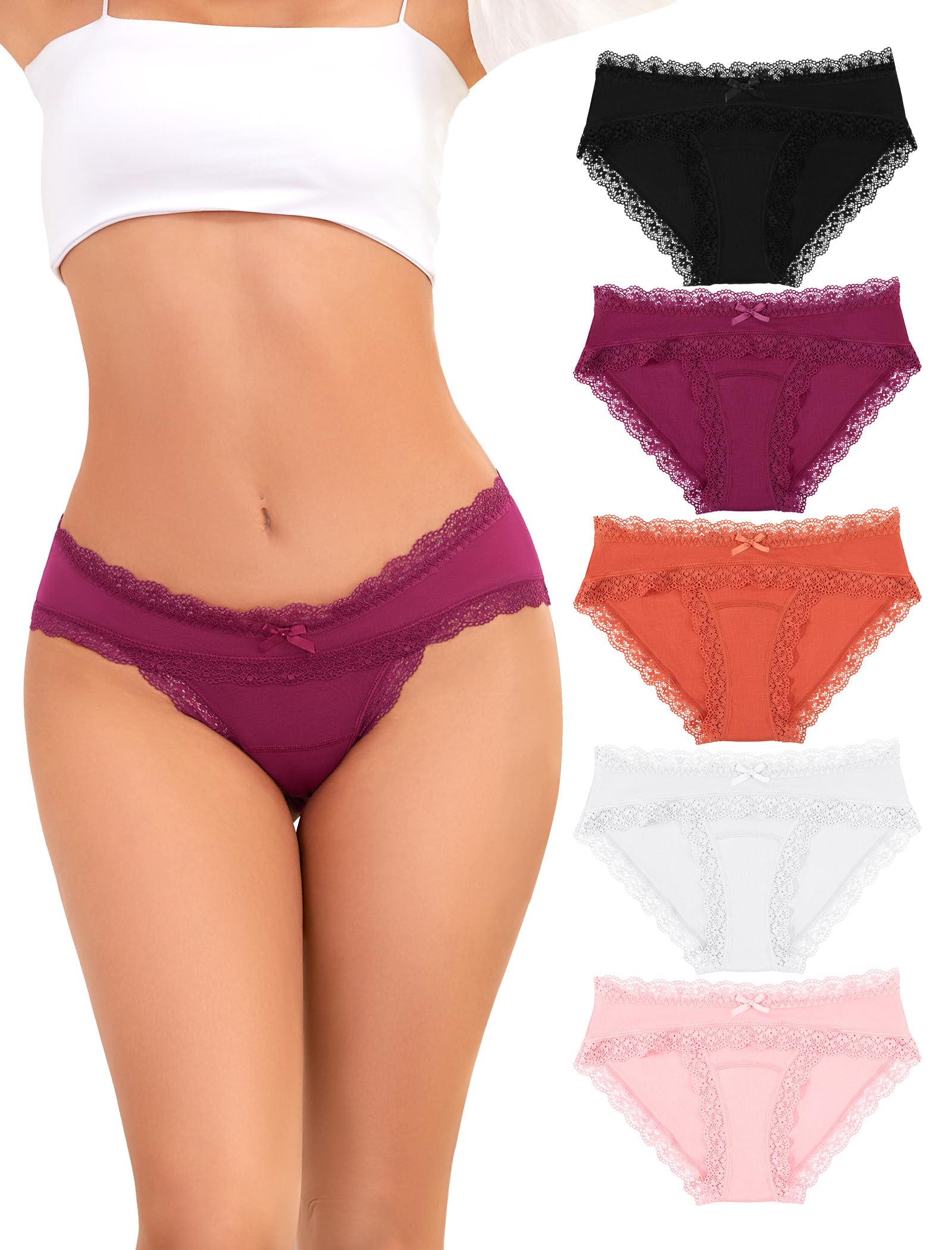 voenxe Women Underwear Cotton Blend Bikini Ladies Lace Briefs Soft Panties Breathable Comfortable Stretch Hipster 5 Pack