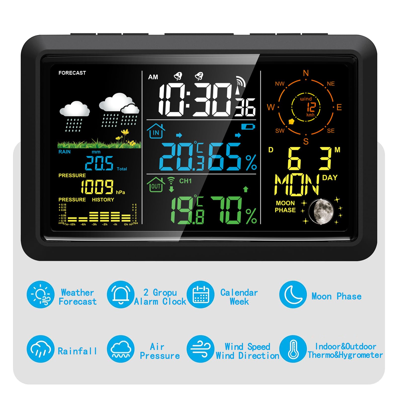 Wetterstation mit Außensensor Innen-/Außenthermometer mit 7,5-Zoll-VA-LCD-Bildschirm Wettervorhersage Temperatur Luftfeuchtigkeit Luftdruck Windgeschwindigkeit und -richtung Mondphase