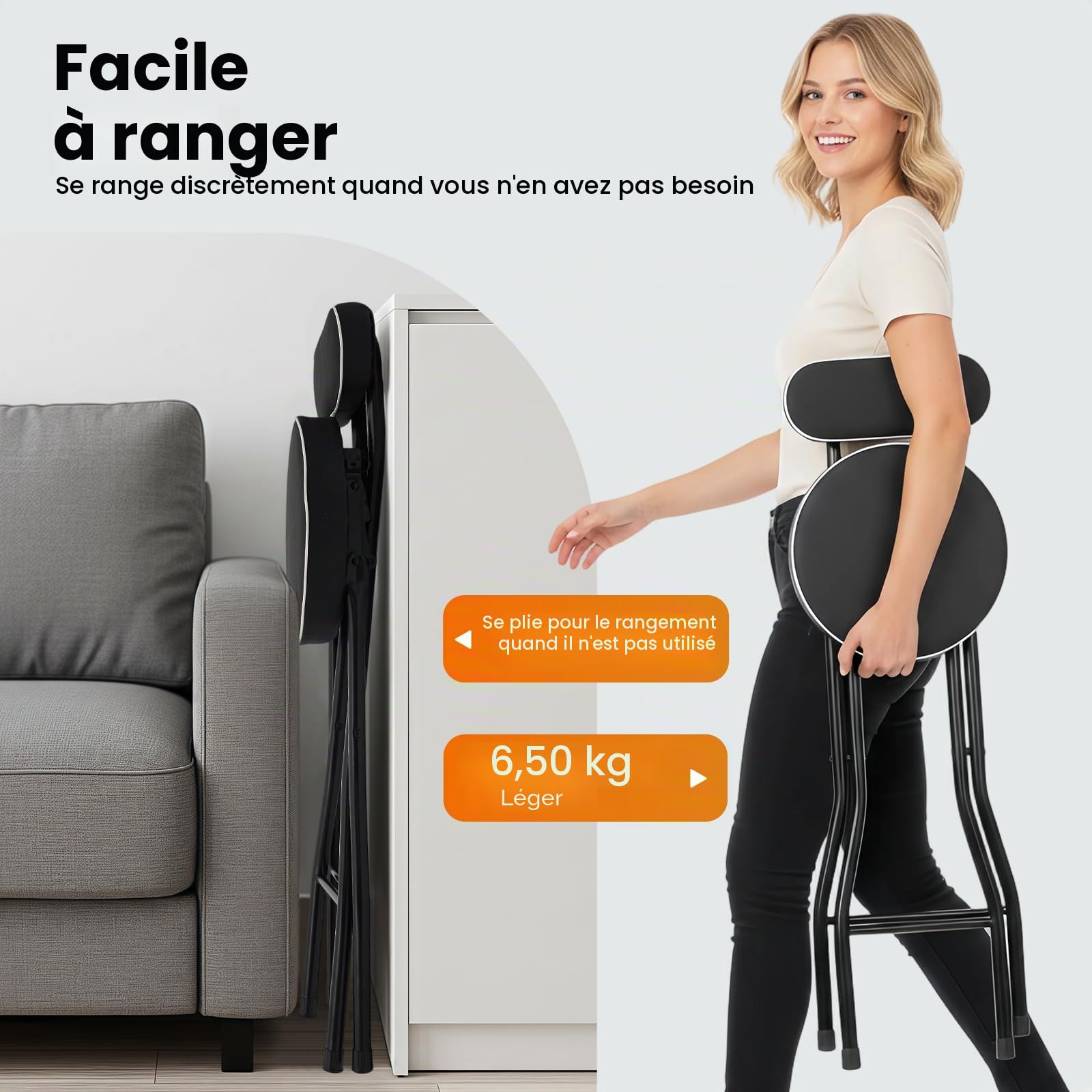 Lot de 2 tabourets de bar pliants avec dossier, pour extérieur, chaise haute, chaise de bar rembourrée, tabouret pliable pour bar, comptoir, cuisine, balcon, jardin, hauteur d'assise 65 cm, charge