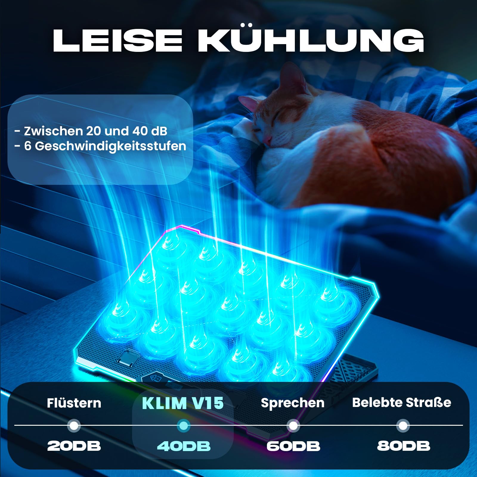 KLIM V15 Gaming Laptop Cooling Pad mit 15 Lüftern + Gaming Laptop Kühler + Stabiler RGB Ständer mit Lüfter + Kompatibel bis zu 17" + 2 USB Ports + Handyhalterung + 5 Jahre Schutz
