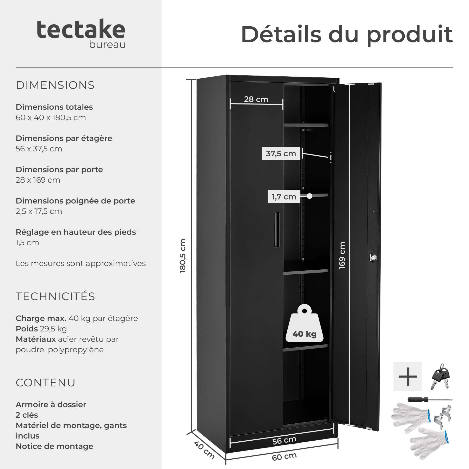 tectake® Armoire à dossiers 60x40x180.5 cm, Portes à Fermeture magnétique verrouillables, 4 étagères réglables, Armoire de Bureau en Acier thermolaqué, Meuble de Rangement Dossiers, Classeurs - Noir
