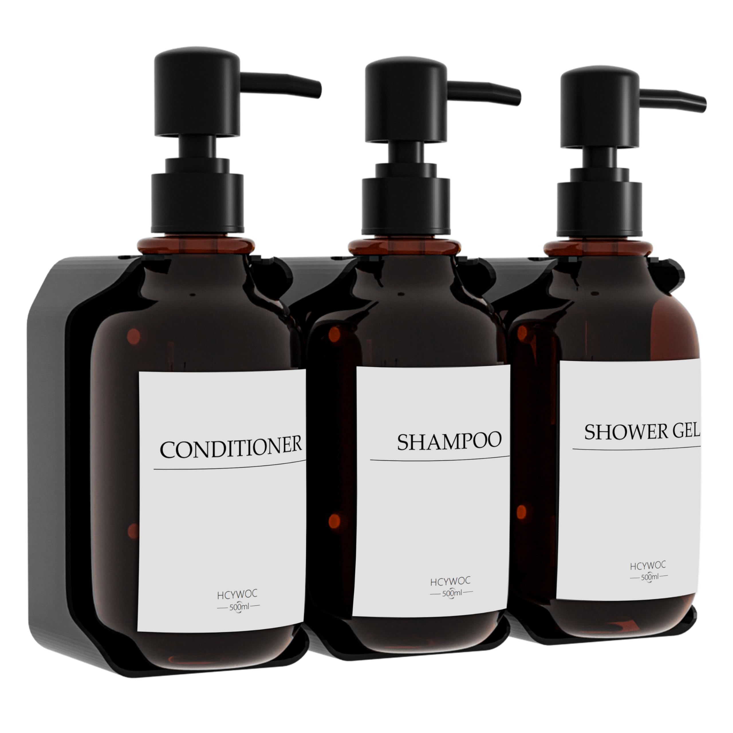 Distributeur Savon Mural sans Percage, Lot de 3, 500 ML Savon avec 16 Étiquettes Imperméables, Cuisine et Salle de Bain, Ambre