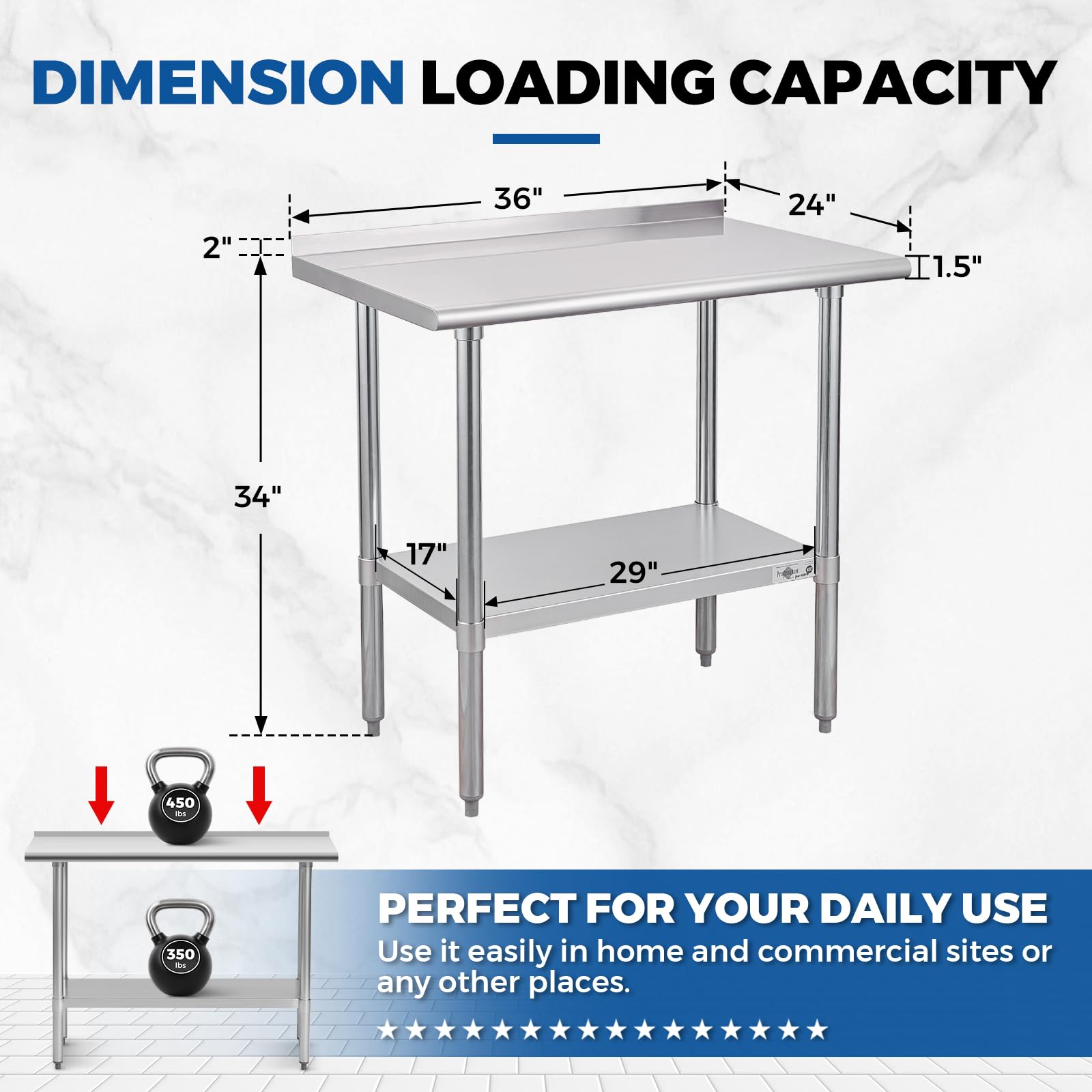 Profeeshaw Mesa de preparación de acero inoxidable NSF Comercial mesa de trabajo con salpicaduras y estante inferior para cocina restaurante