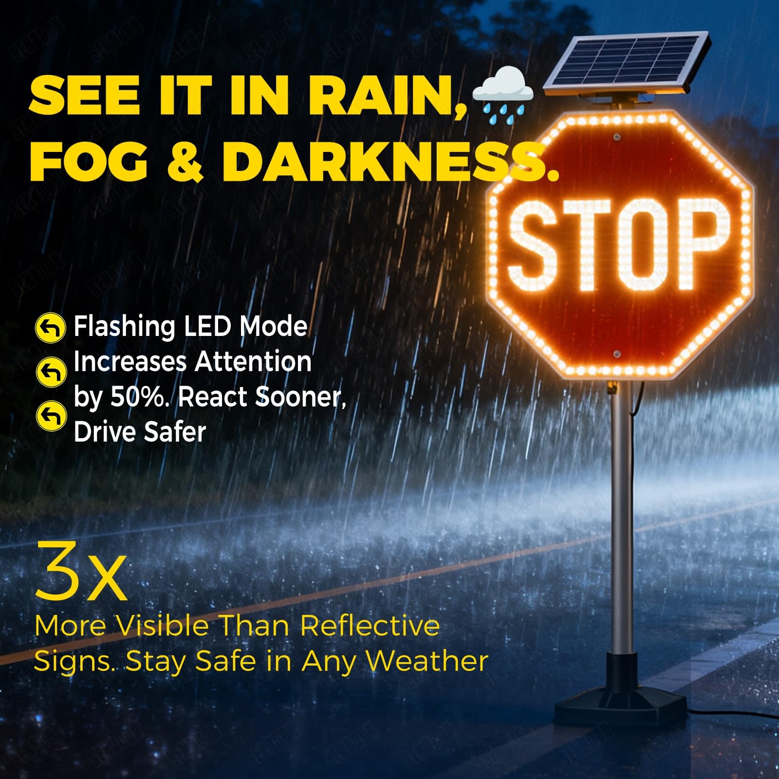 Señal de Stop de 60 cm (24") con Energía Solar, Luz de Stop Intermitente LED, Señal de Tráfico Octogonal, Película Reflectante de Grado Ingeniero - Ideal para Entradas de Vehículos y Escuelas