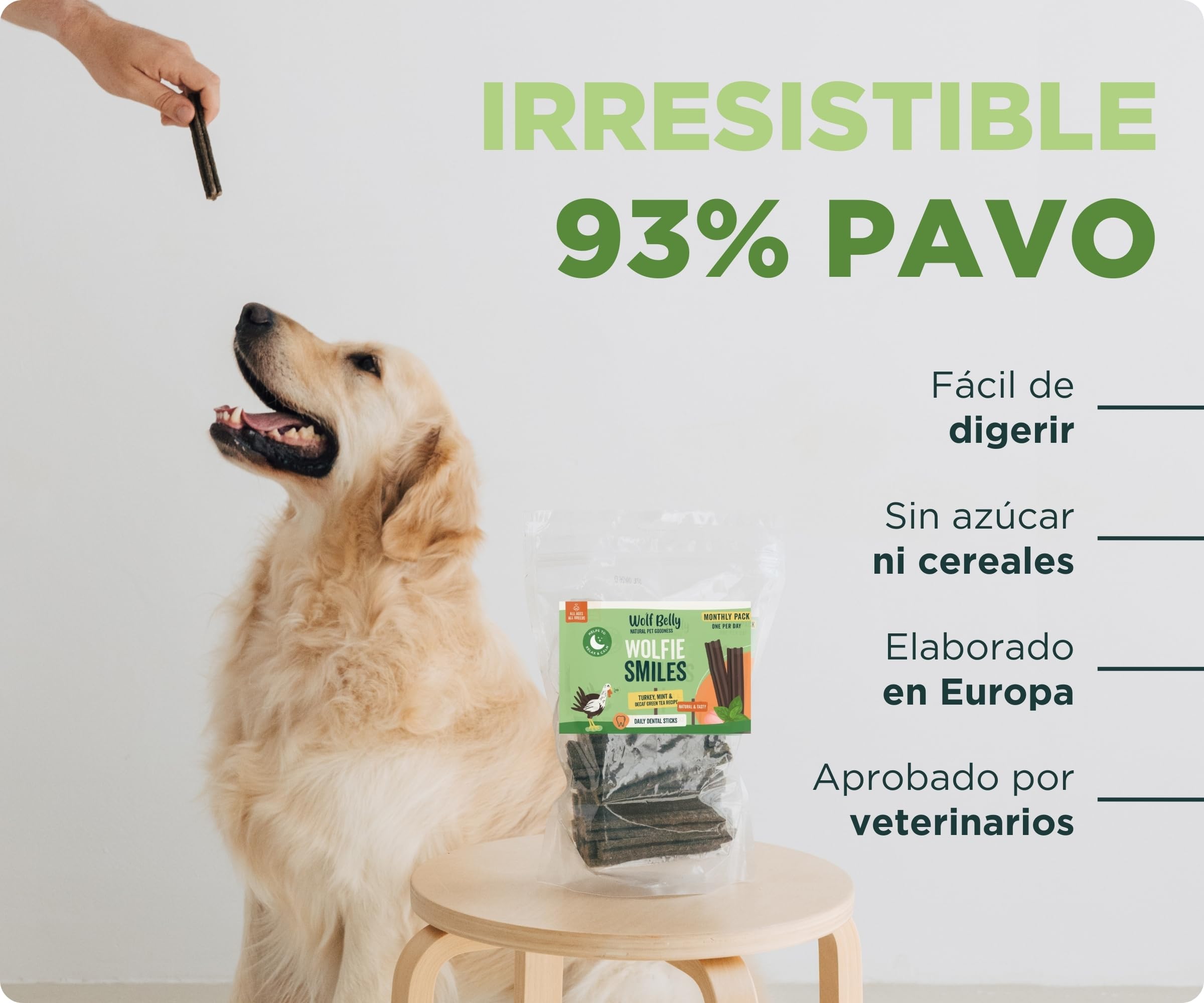 Wolf Belly - Stick Dental Perro Natural (28 uds) 93% Pavo y Menta sin Cereales | Higiene Dental & Aliento Fresco | Textura Resistente | Delicioso Sabor Carne | Rico en Proteínas - Producido en Europa