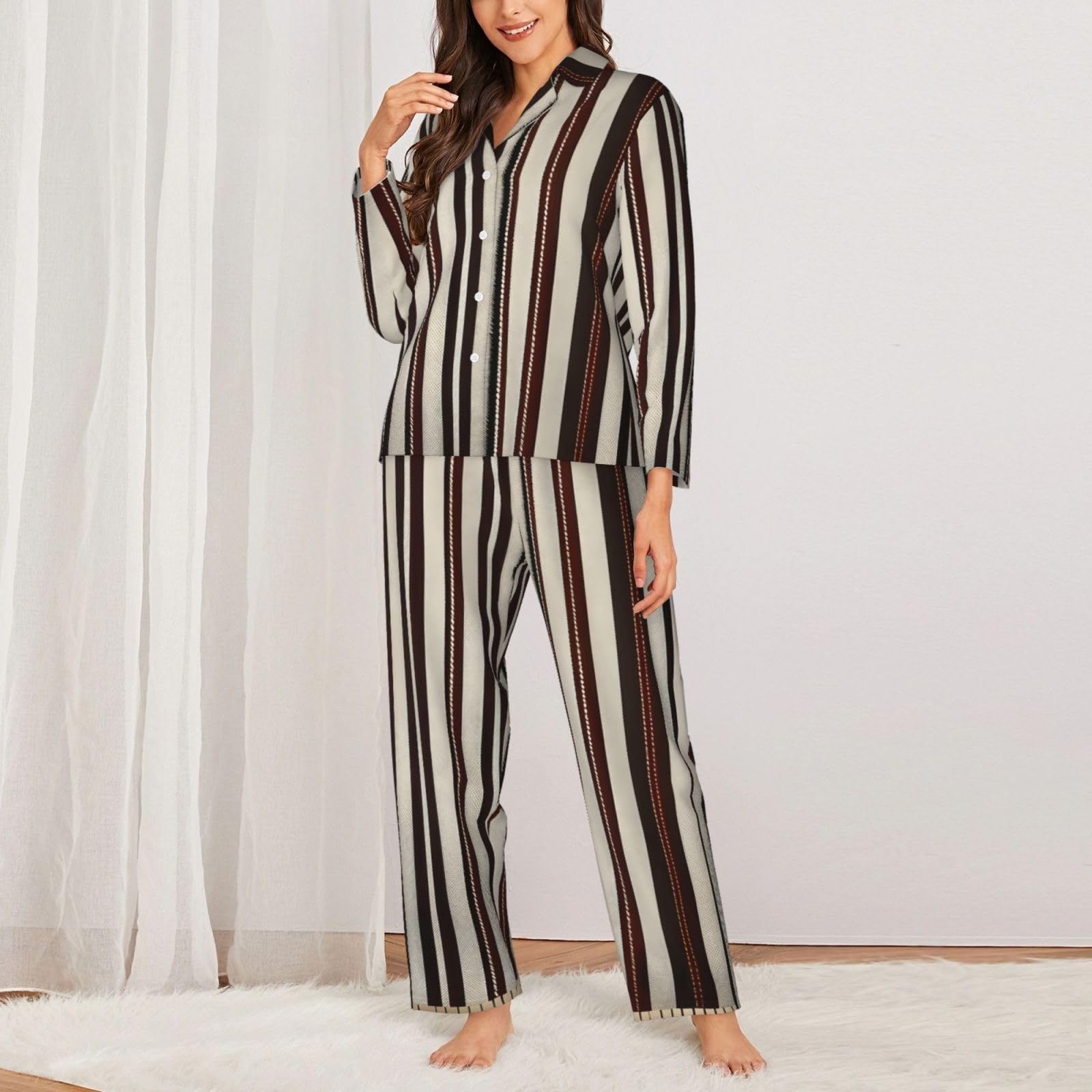 Set pigiama a maniche lunghe da donna con stampa a righe marroni Lounge Sleepwear Accogliente Nightwear Loungewear tutti i giorni