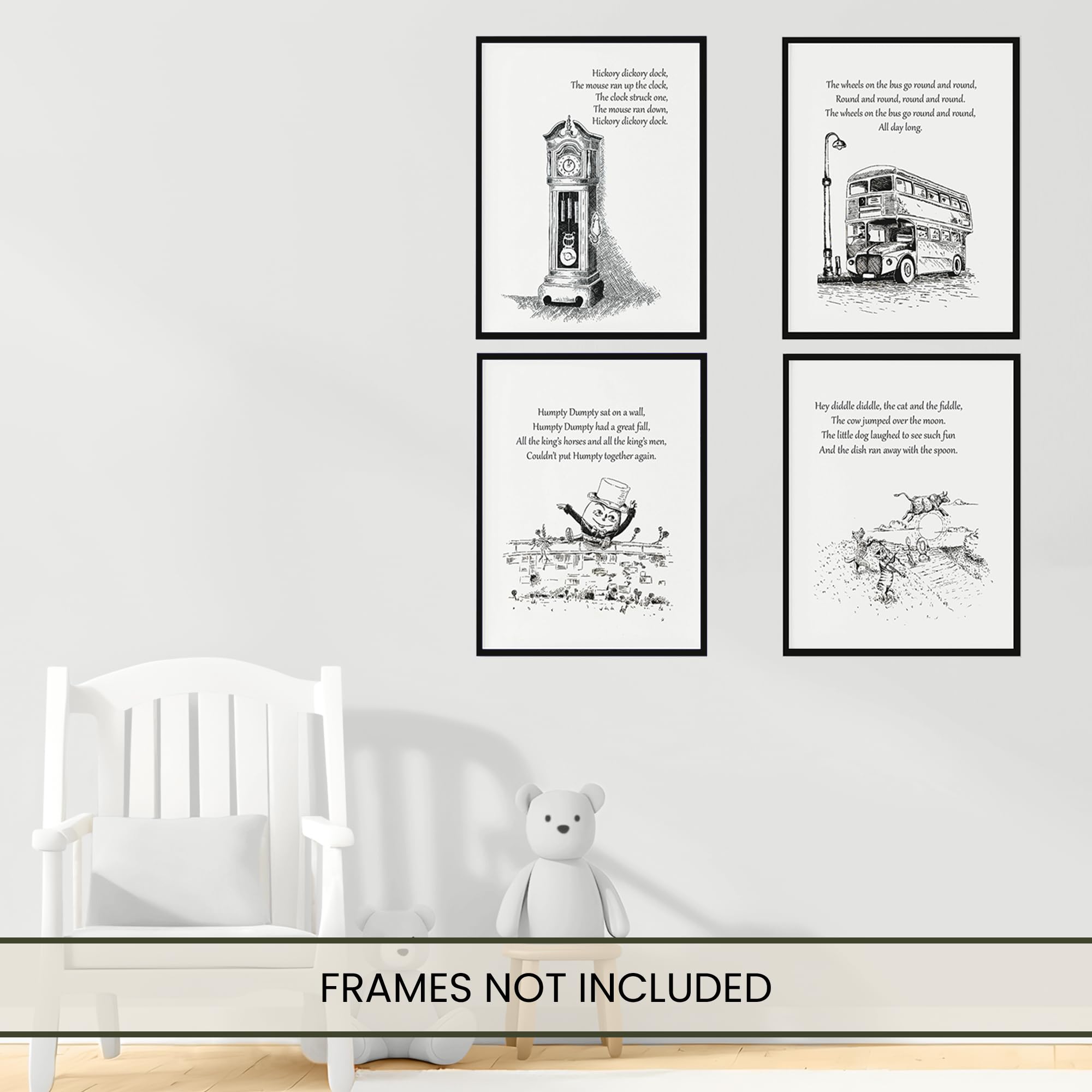 A&M Natural Living Nursery Prints Set Of 10 A4 Nursery Rhyme Prints Unframed in Black & White Baby Nursery Decor Pictures For Wall - Image 2