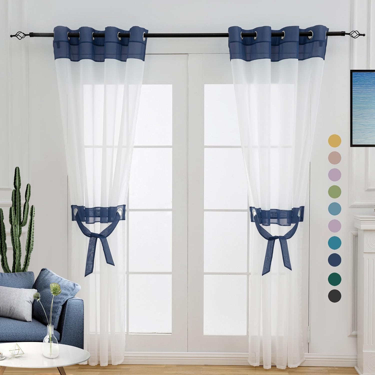 L.Z.E Navy Blue Sheer Curtains 63 Inch Length 2 Panels Set for Living Room Short, White and Dark Blue Sheer Curtains for Bedroom Dining Room, Grommet