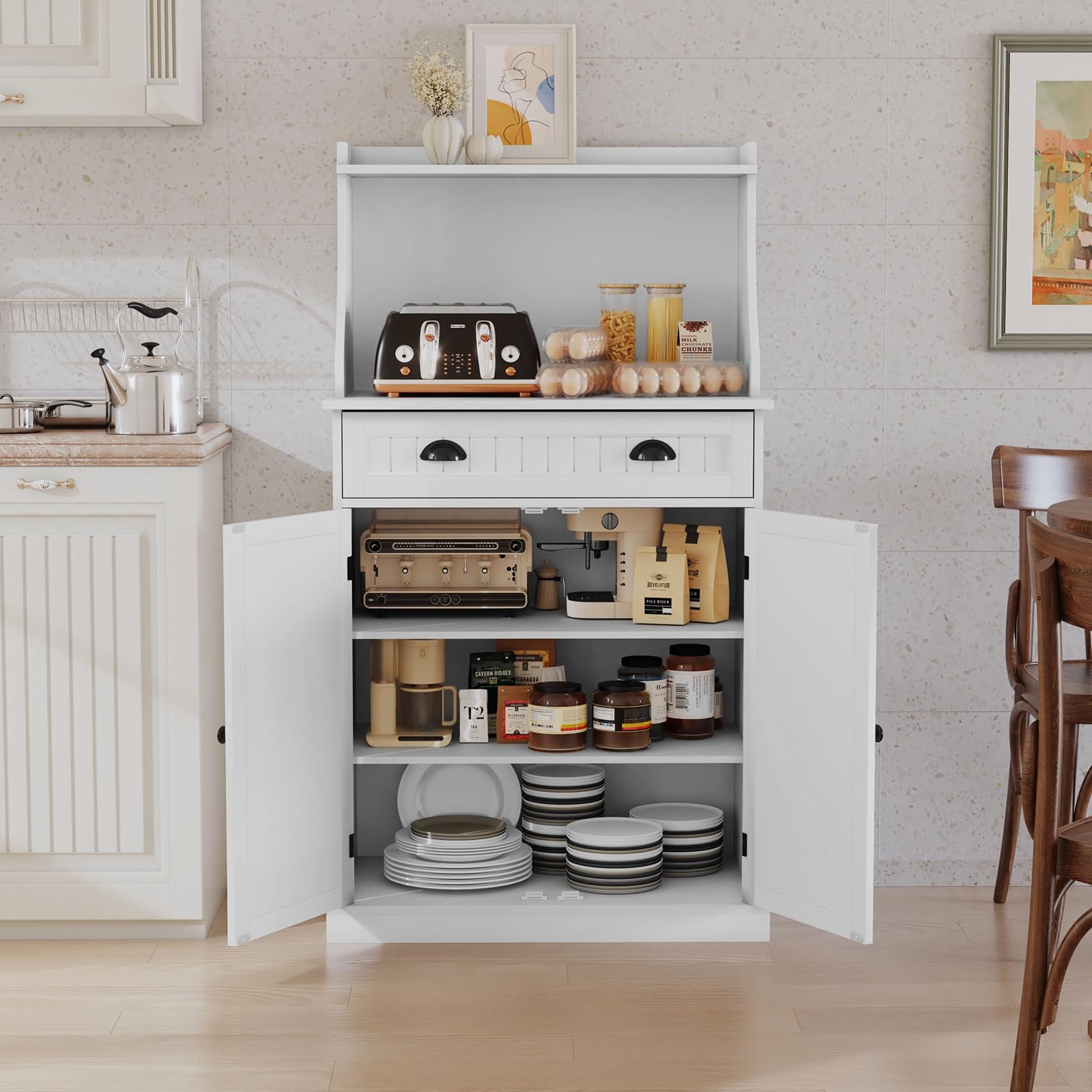 HOLTICO Küchenschrank Mikrowellenschrank Mehrzweckschrank Weiß mit Verstellbarem Regal,Schrank Freistehend für KücheWohnzimmer,Schlafzimmer,Esszimmer,Garage