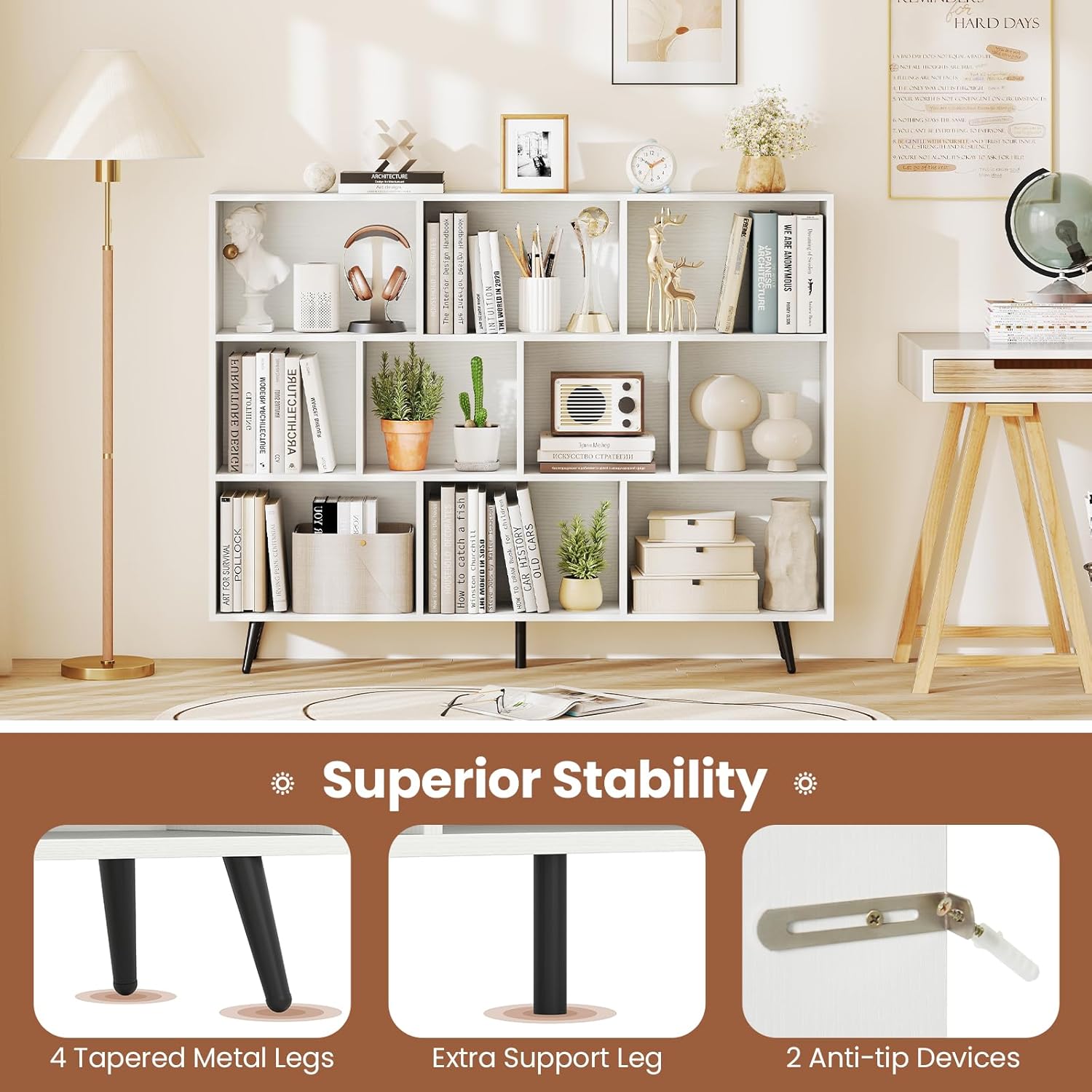 Giantex 10-Cube Bookcase, 3-Tier Modern Bookshelf with 5 Metal Legs, 55" Freestanding Open Storage Organizer with 2 Anti-tip Devices, Mid-Century Display Rack for Living Room (55" x 9.5" x 42")
