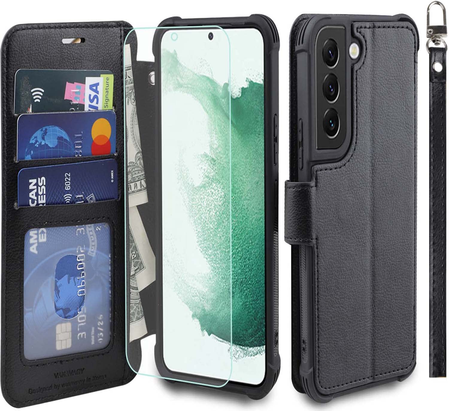 VANAVAGY Compatible for Galaxy S22+ Plus Wallet Case for Women and Men, RFID Flip Leather Cover with Wrist Supports Wireless Charging with Card Holder and Screen Protector,Black