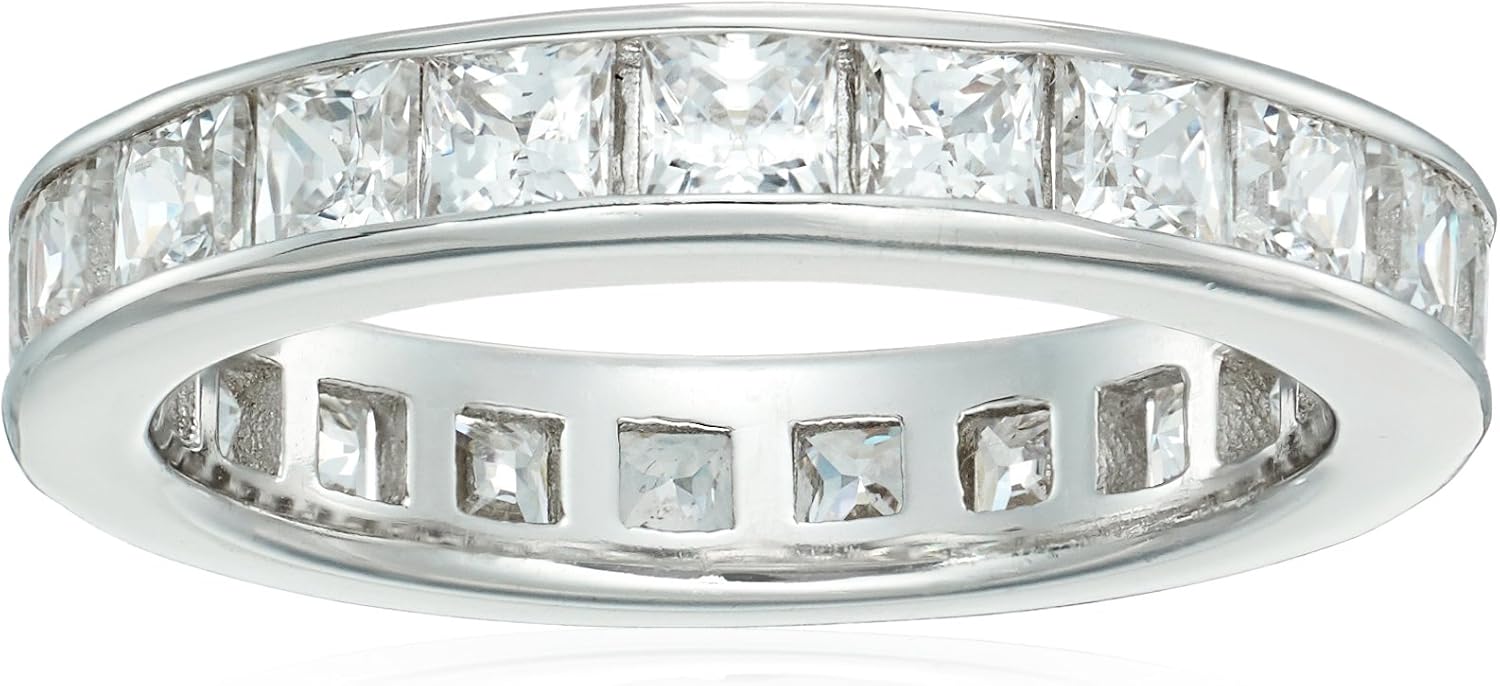 Amazon Essentials Platinum-Plated Sterling Silver Infinite Elements Cubic Zirconia Channel Princess-Cut All-Around Band Ring