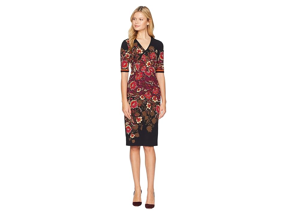 

Maggy London Jacobean Shadow Border Scuba Crepe V-Neck Sheath Dress (Black/Burgundy) Women's Dress